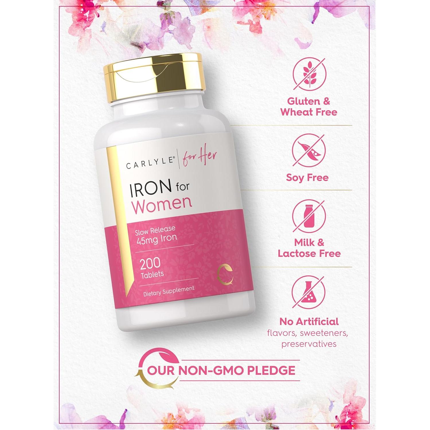 Suplemento de Hierro Carlyle para Mujeres 45mg 200 Tabletas Vegetarianas