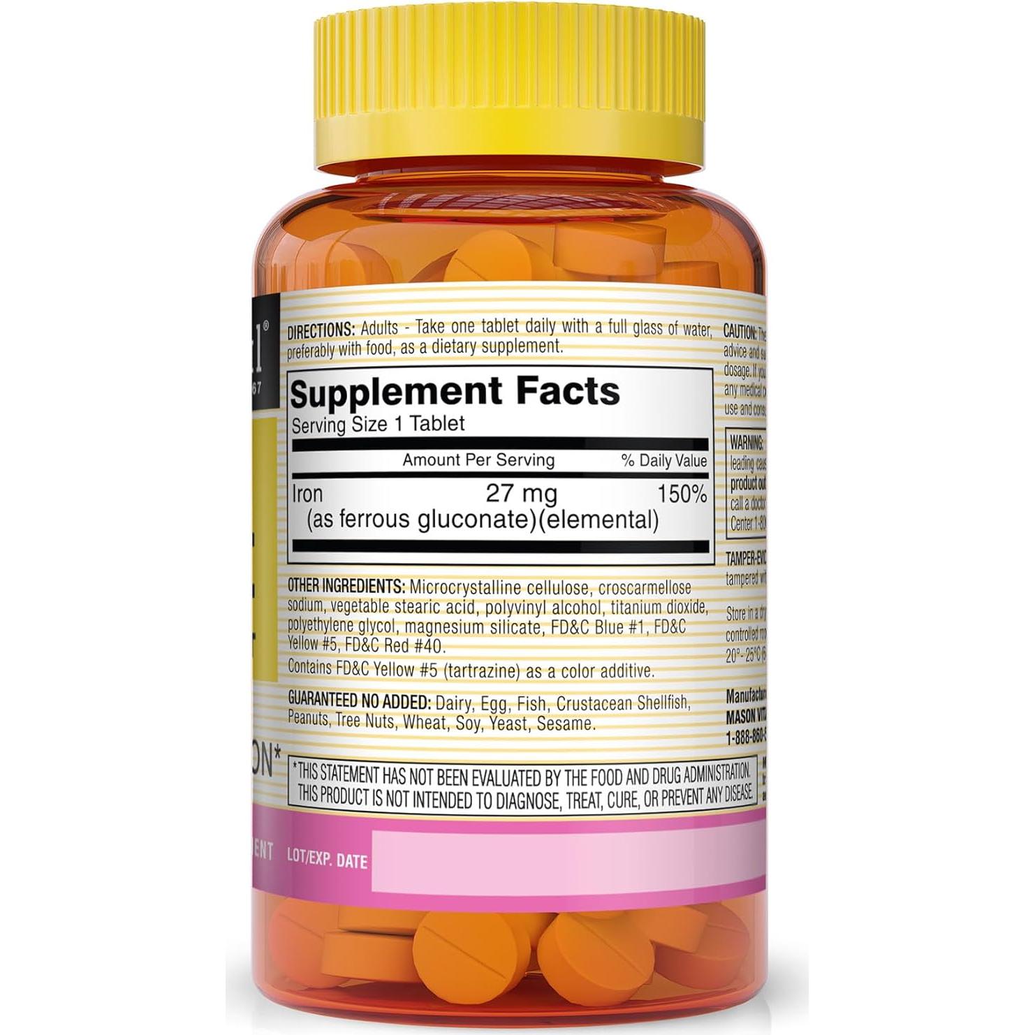 Suplemento de Hierro Gluconato Ferroso Mason Natural 100 Tabletas