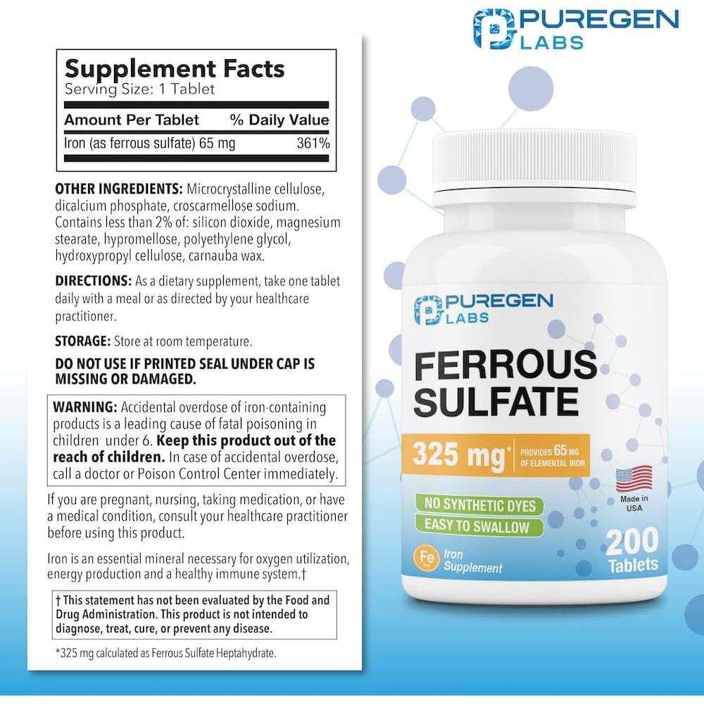 Suplemento de Hierro Sulfato Ferroso Puregen Labs 325 mg - 200 Tabletas