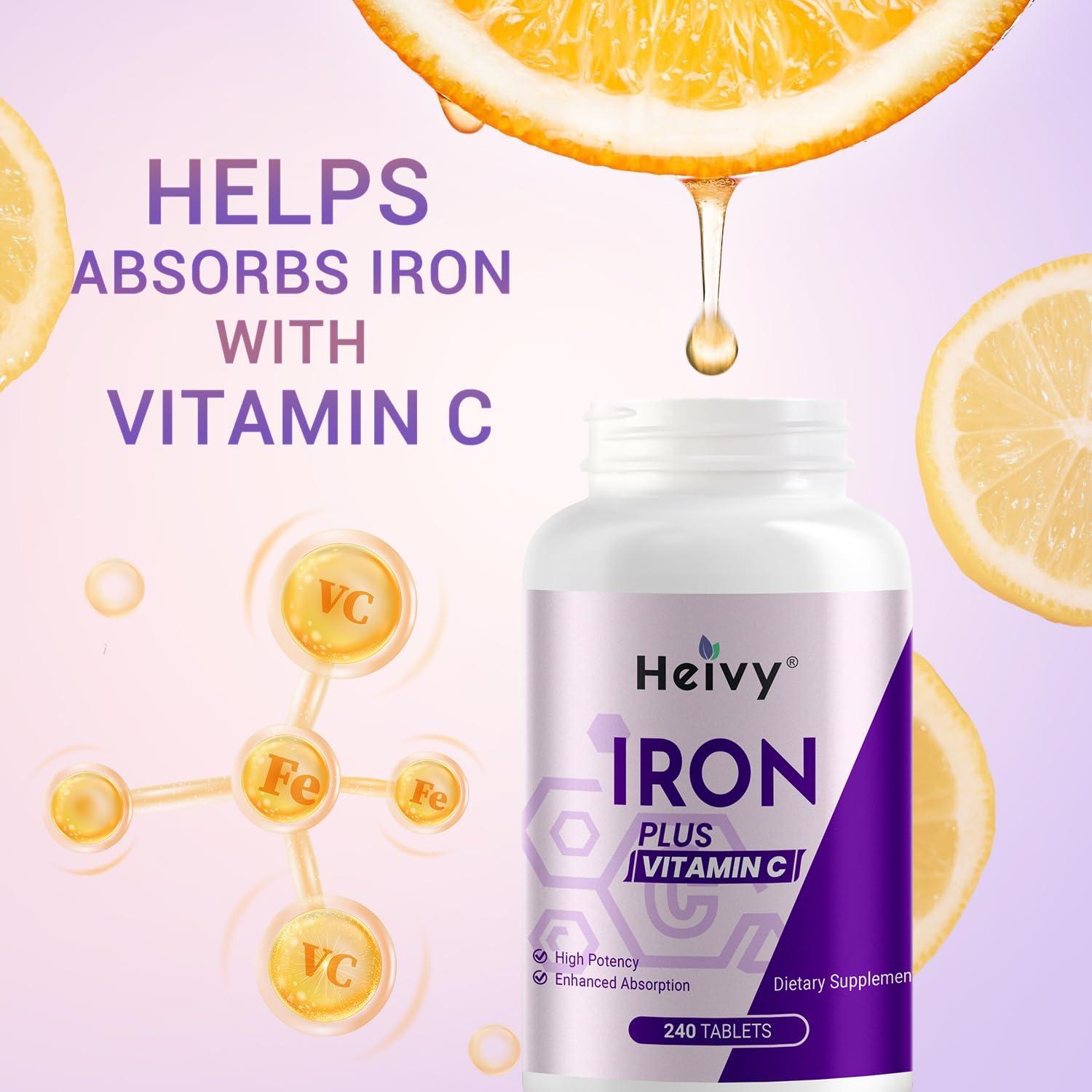 Sulfato Ferroso 325mg Heivy - Suplemento de Hierro con Vitamina C - 240 Tabletas