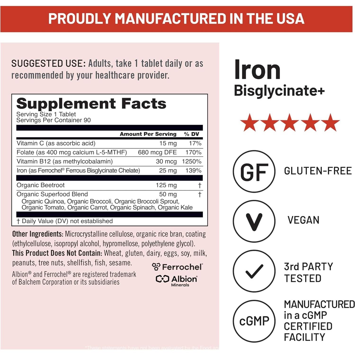 Suplemento de Hierro Bisglicinato NatureWise 90 Tabletas Veganas