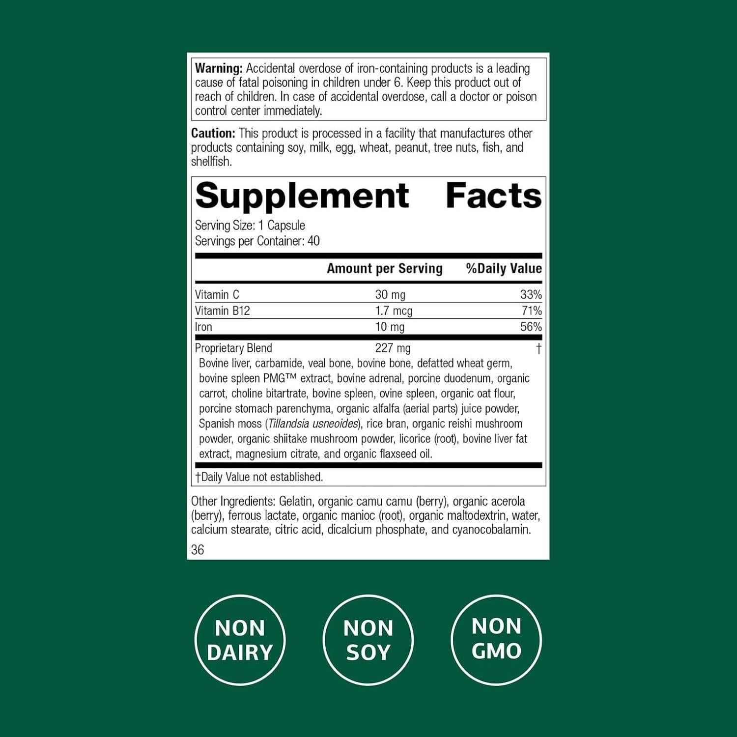 Ferrofood Standard Process - Suplemento de Hierro y Vitamina B12 40 Cápsulas