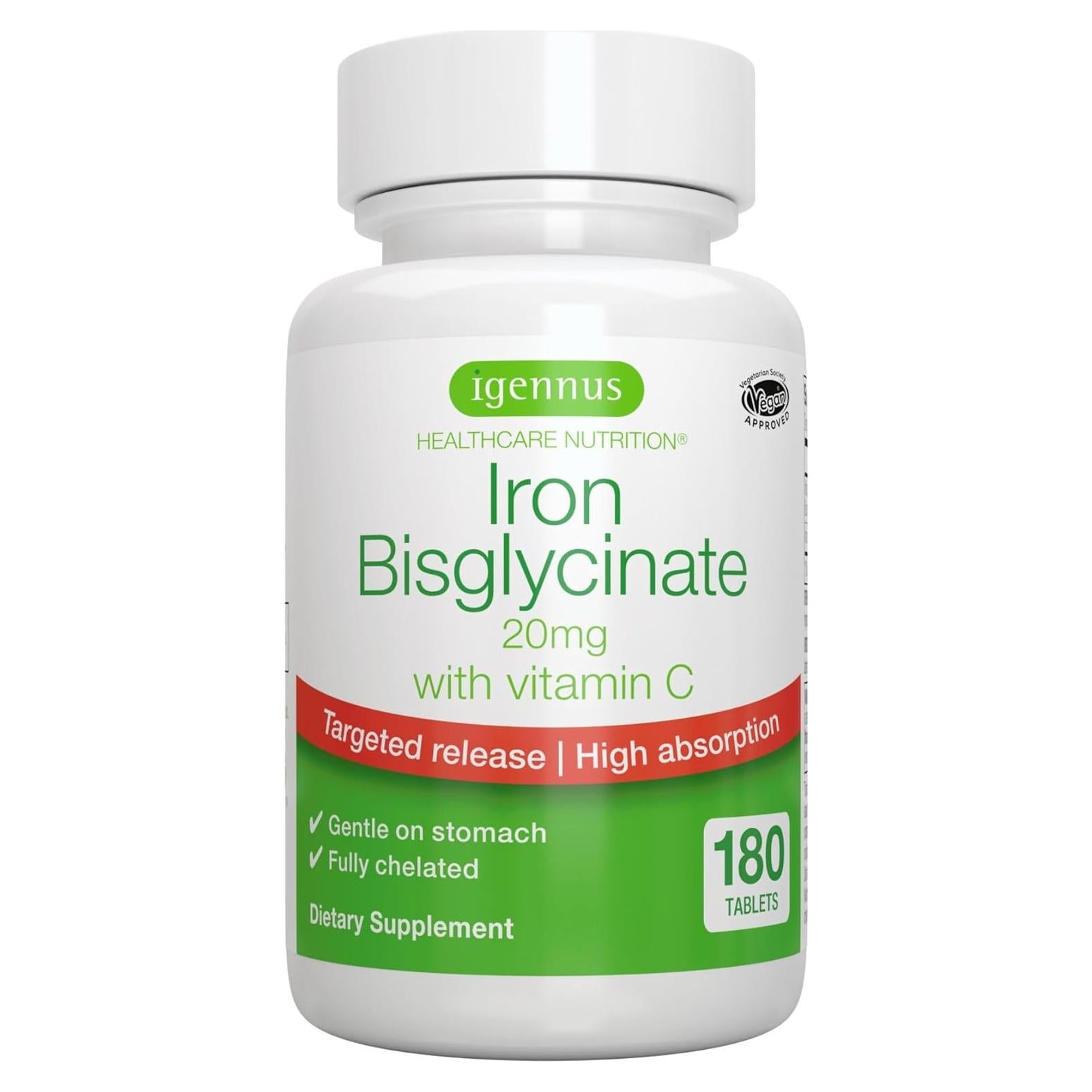 Suplemento de Hierro Bisglicinato Igennus 20mg con Vitamina C - 180 Tabletas