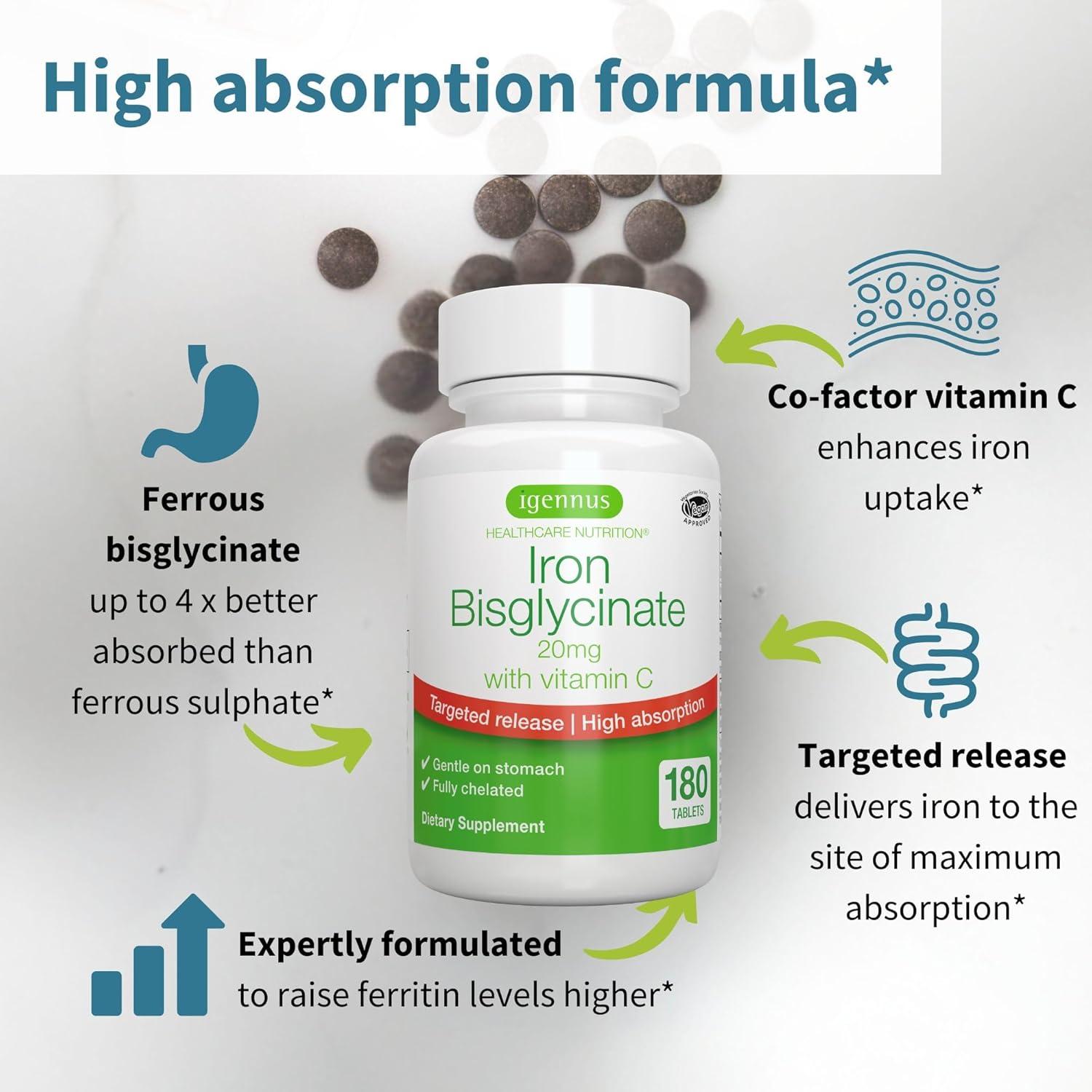 Suplemento de Hierro Bisglicinato Igennus 20mg con Vitamina C - 180 Tabletas