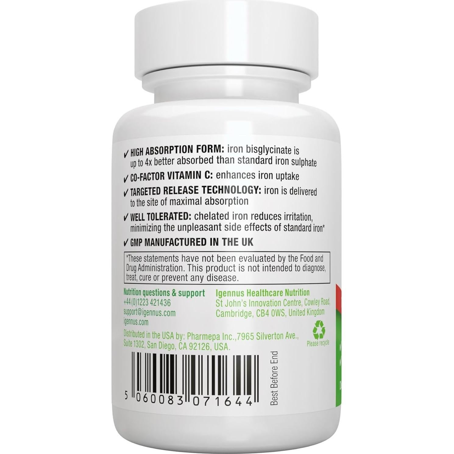 Suplemento de Hierro Bisglicinato Igennus 20mg con Vitamina C - 180 Tabletas