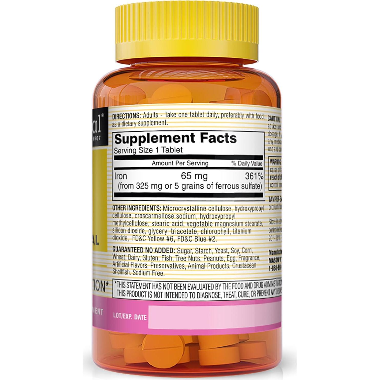 Suplemento de Hierro Mason Natural 65 mg 100 Tabletas