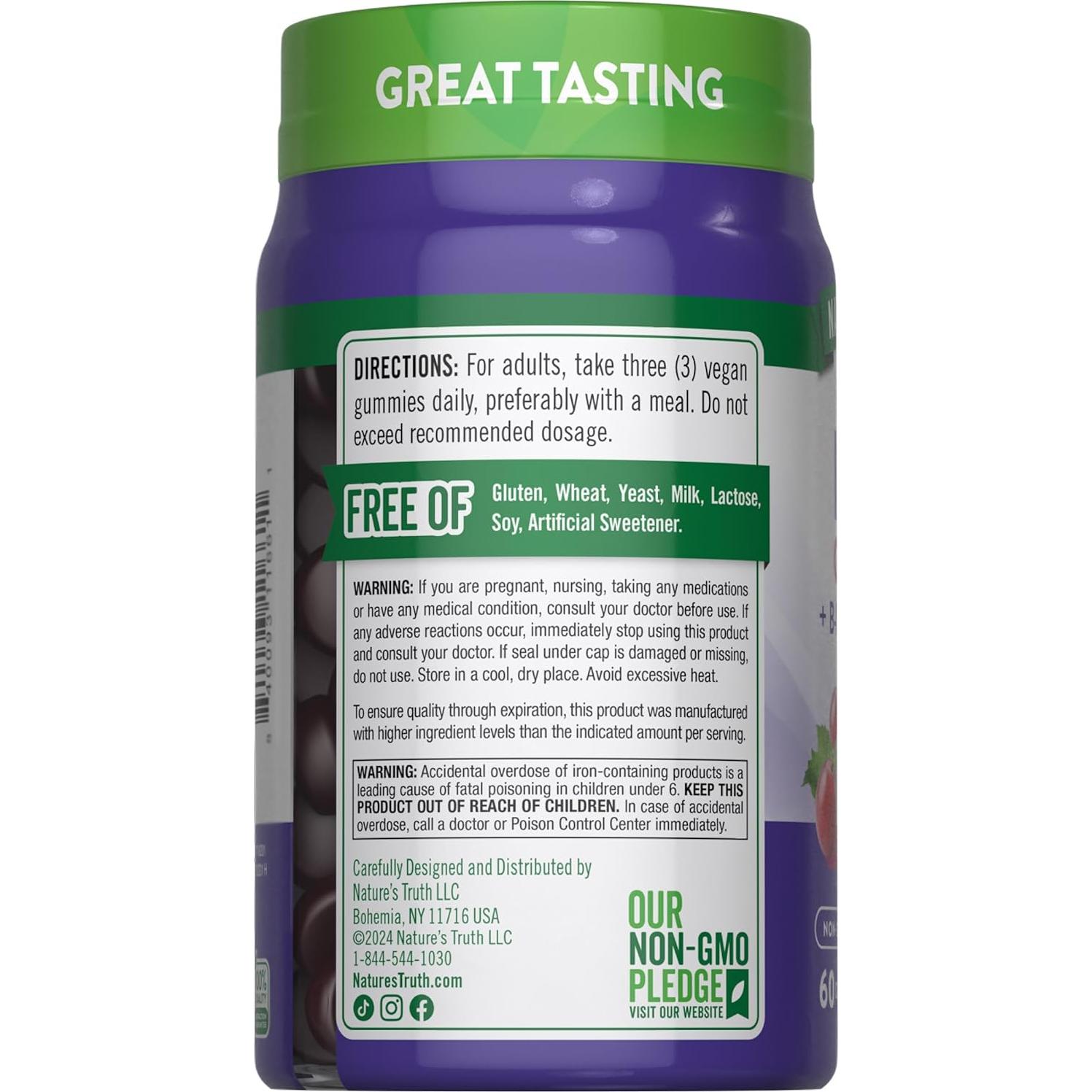 Gomas de Hierro Veganas Verdad de la Naturaleza 60 Unidades Sabor Uva