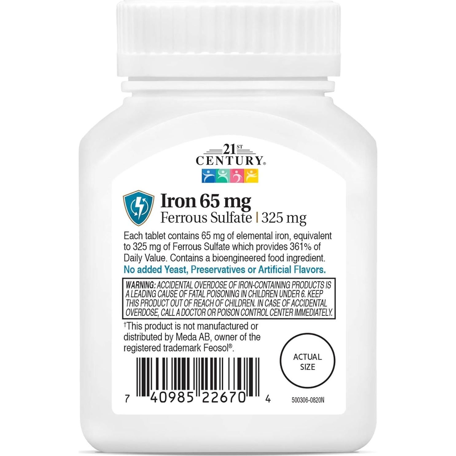 Tabletas de sulfato ferroso 65 mg 21st Century 120 unidades