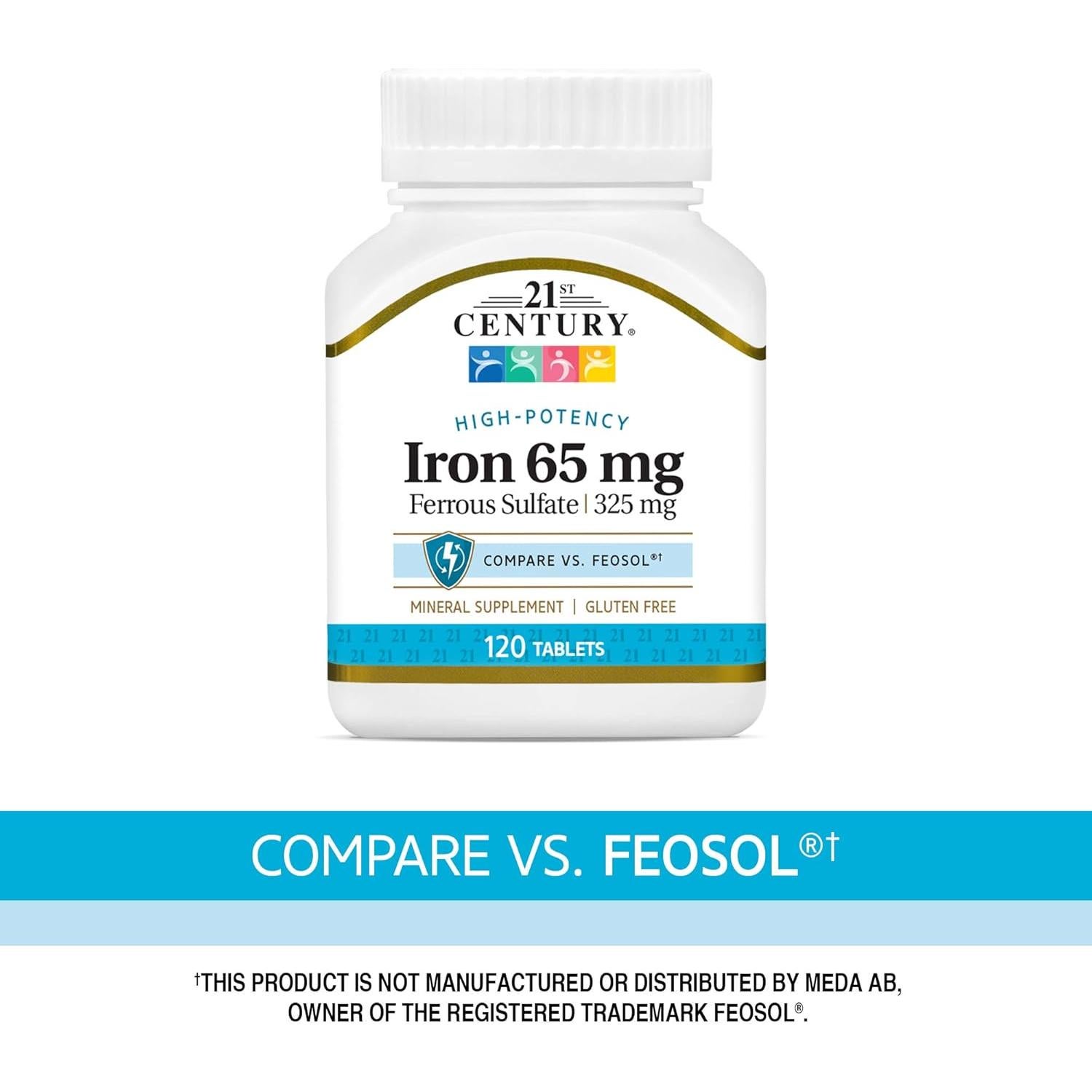 Tabletas de sulfato ferroso 65 mg 21st Century 120 unidades