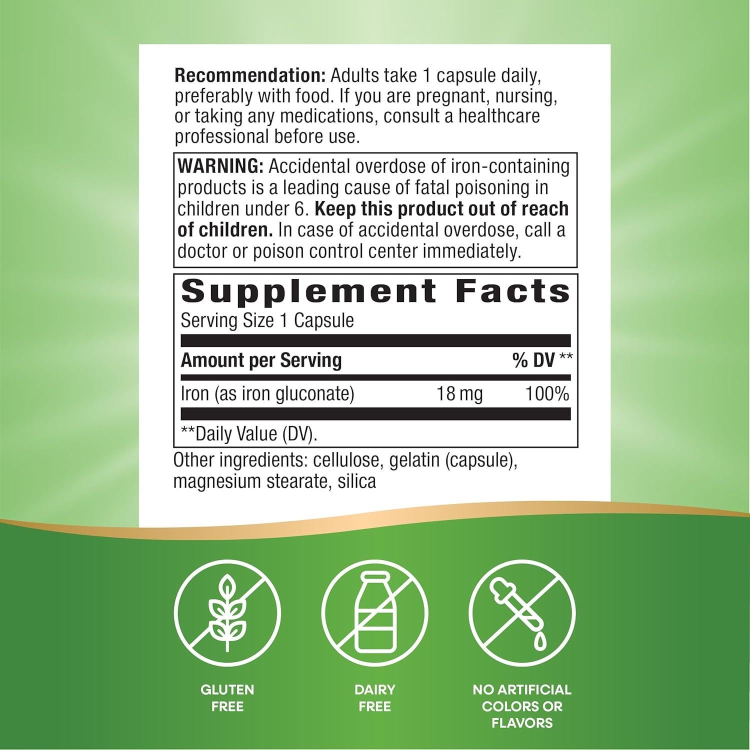 Suplemento de Hierro Nature's Way 18 mg 100 Cápsulas Sin Gluten