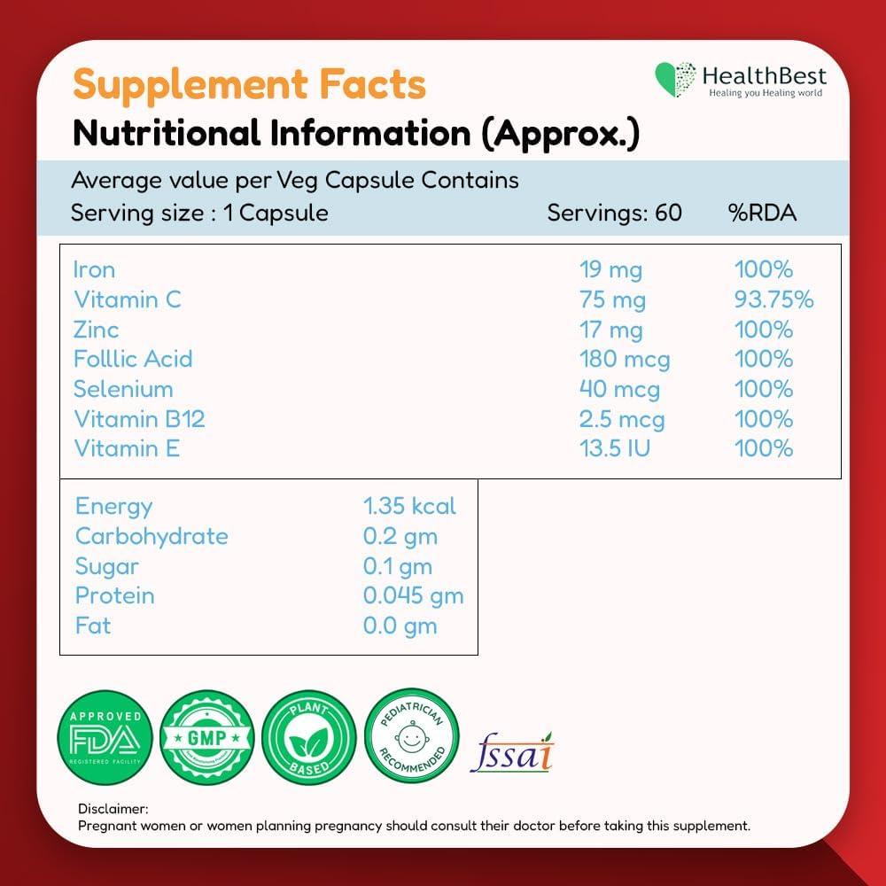 Cápsulas de Hierro Suave HealthBest con Vitamina C - 60 Unidades