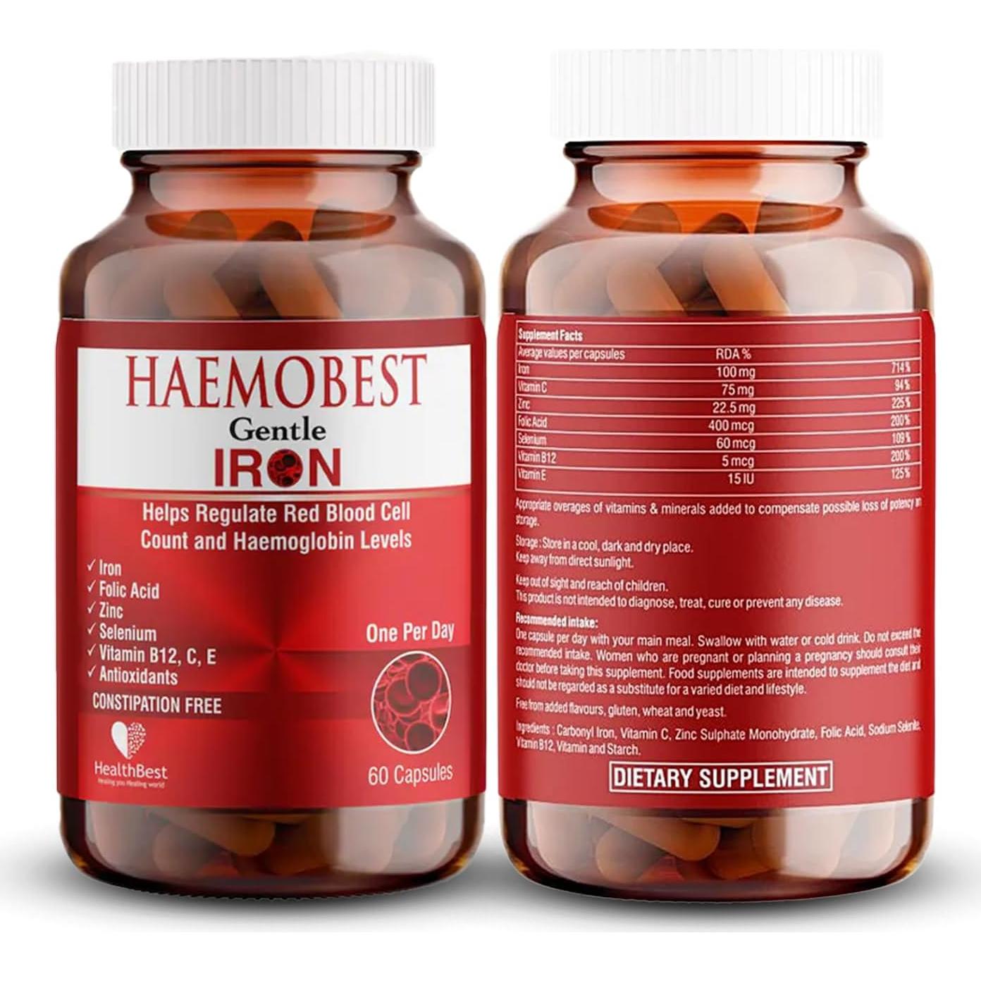 Cápsulas de Hierro Suave HealthBest con Vitamina C - 60 Unidades