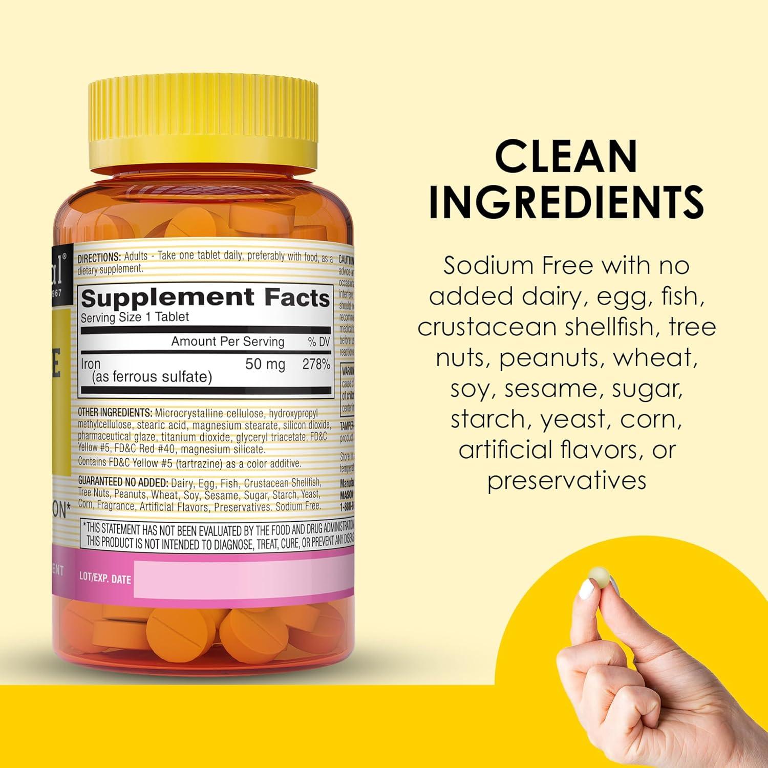 Suplemento de Hierro Mason Natural 50 mg 180 Tabletas Suave