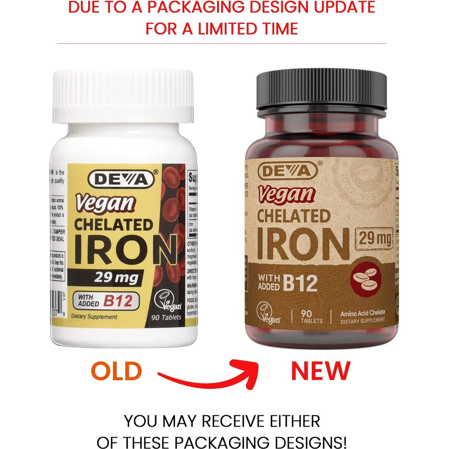 Suplemento de Hierro Quelado Vegano Deva 29 mg con B12 - 90 Tabletas