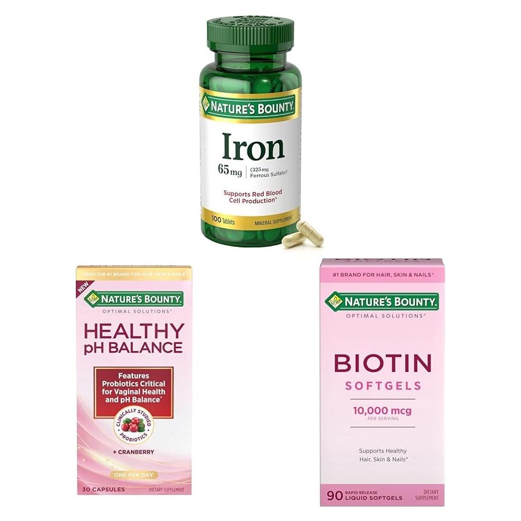 Paquete Suplementos Nature's Bounty: Hierro 65mg, Probioticos y Biotina 10000mcg