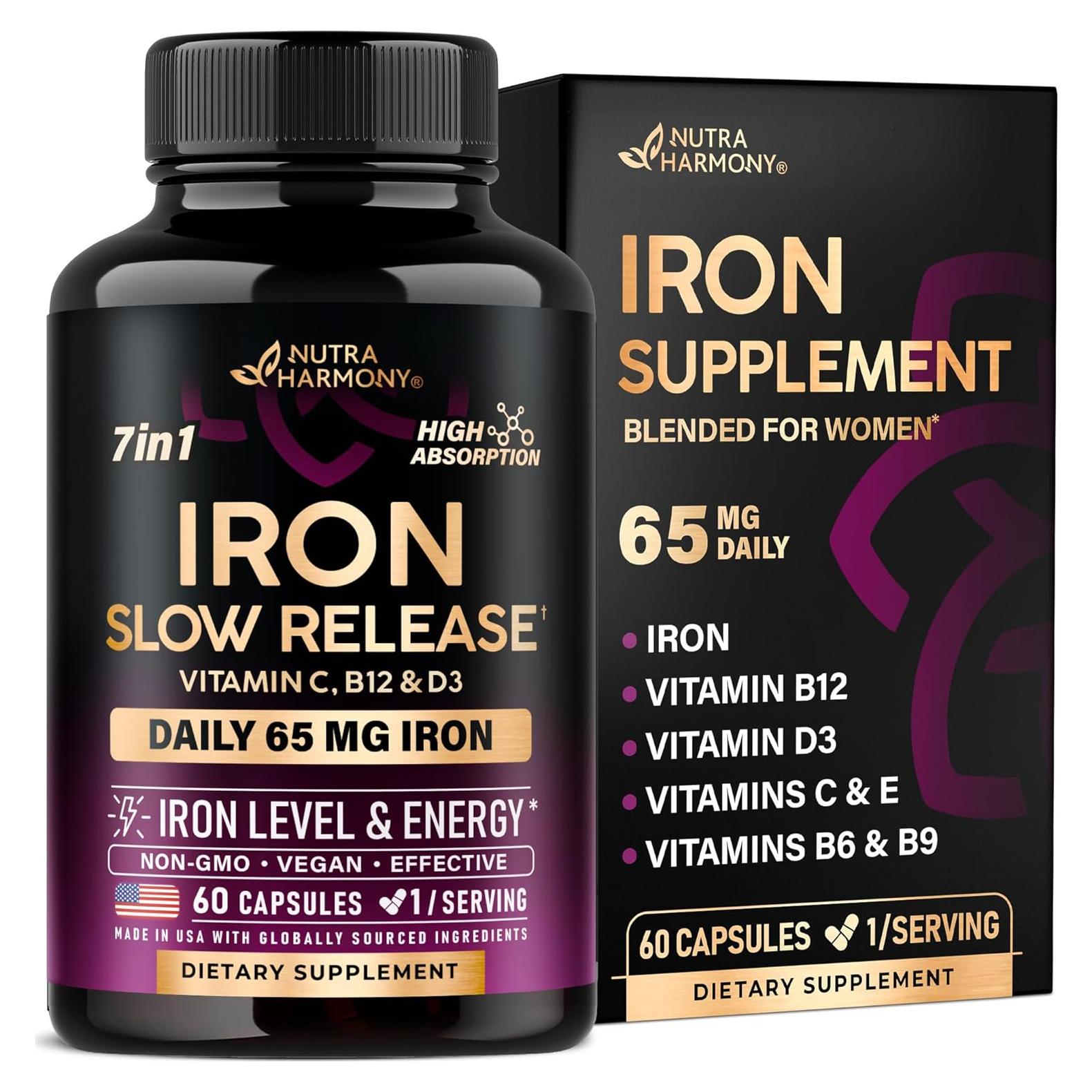 Suplemento de Hierro Nutra Harmony 65mg - Liberación Lenta 60 Cápsulas