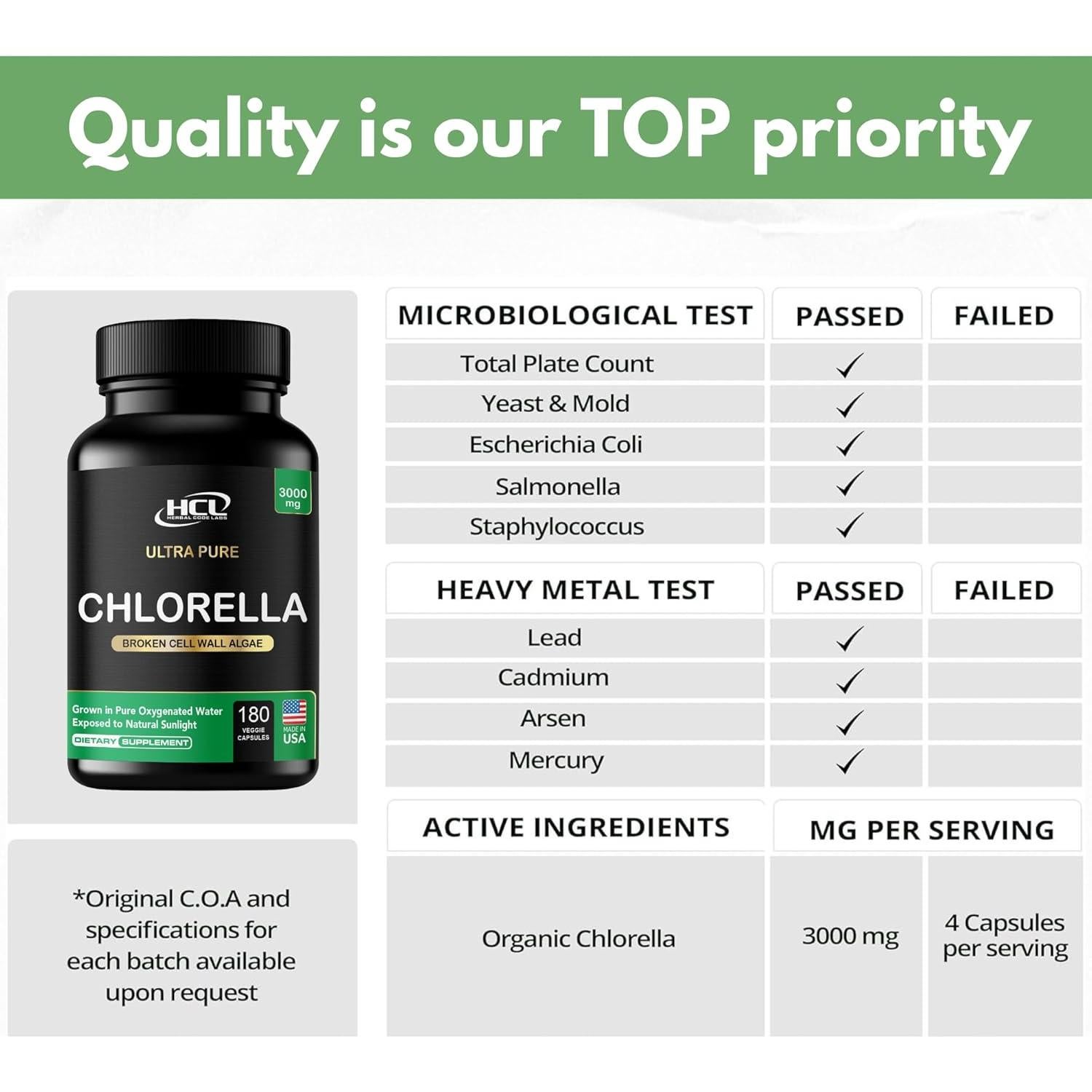 Cápsulas de Chlorella Orgánica 3000 mg HCL - Detox Natural