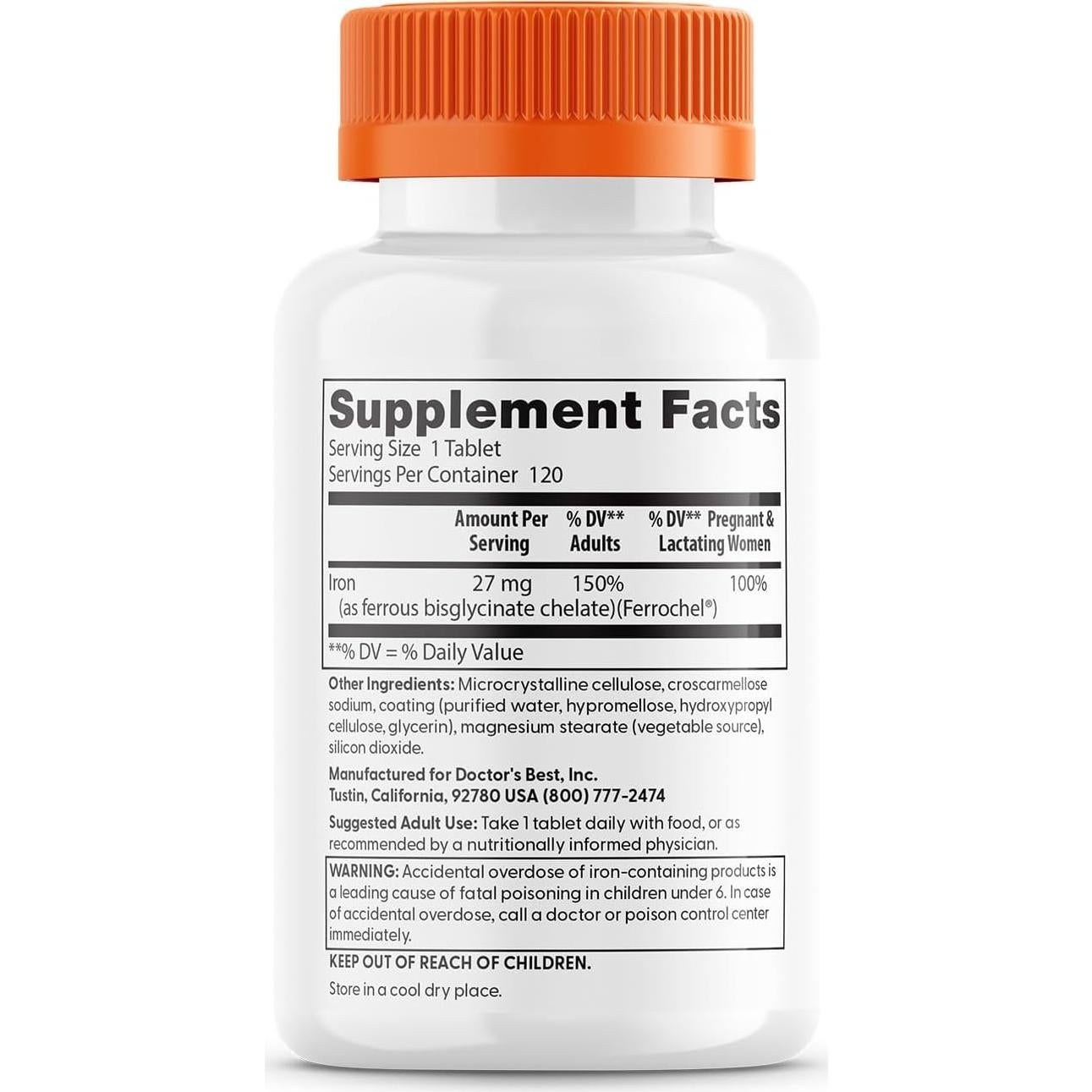 Tableta de Hierro Quelado Doctor's Best 27 mg - Suave Digestión