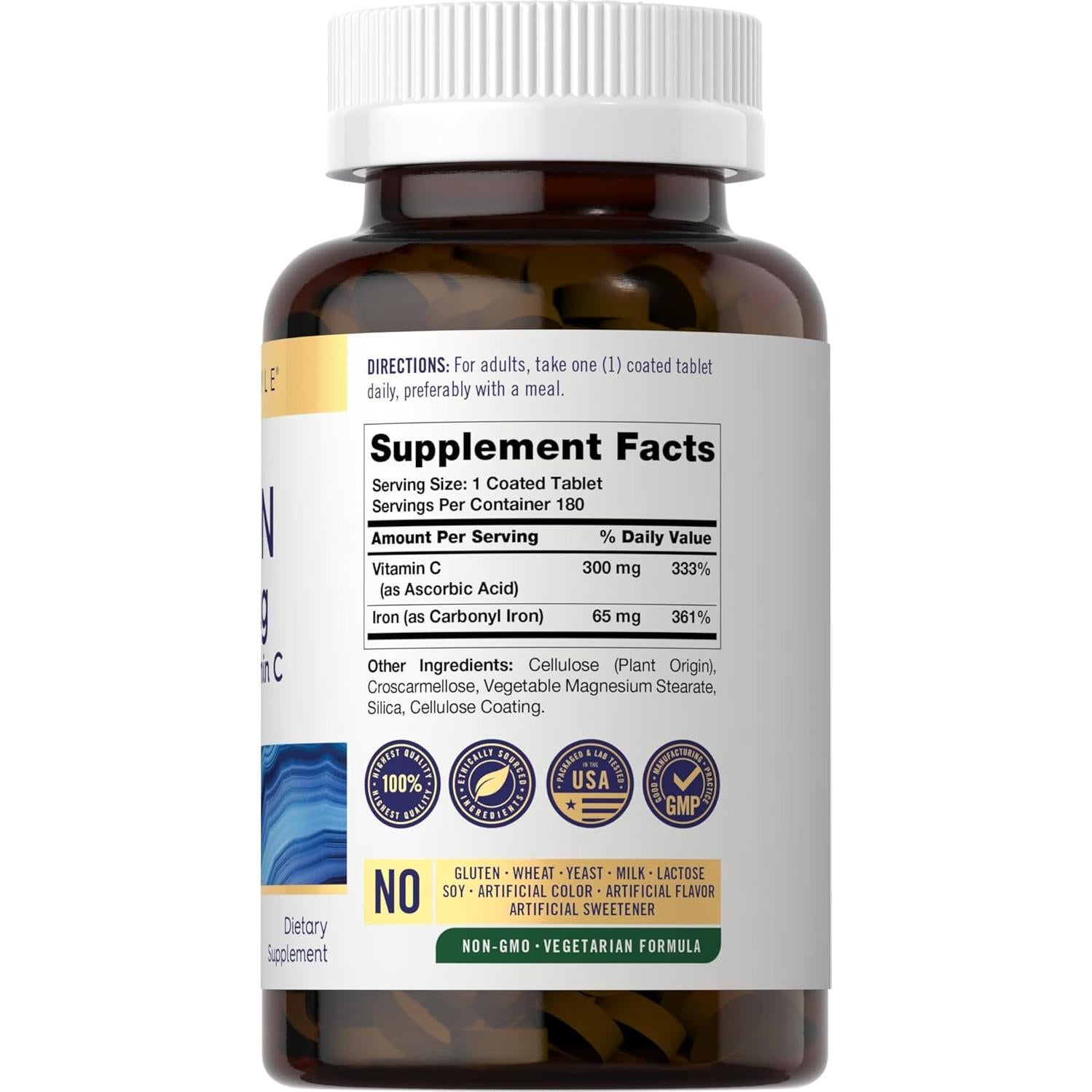 Suplemento de Hierro Carlyle 65 mg + 300 mg Vitamina C - 180 Tabletas