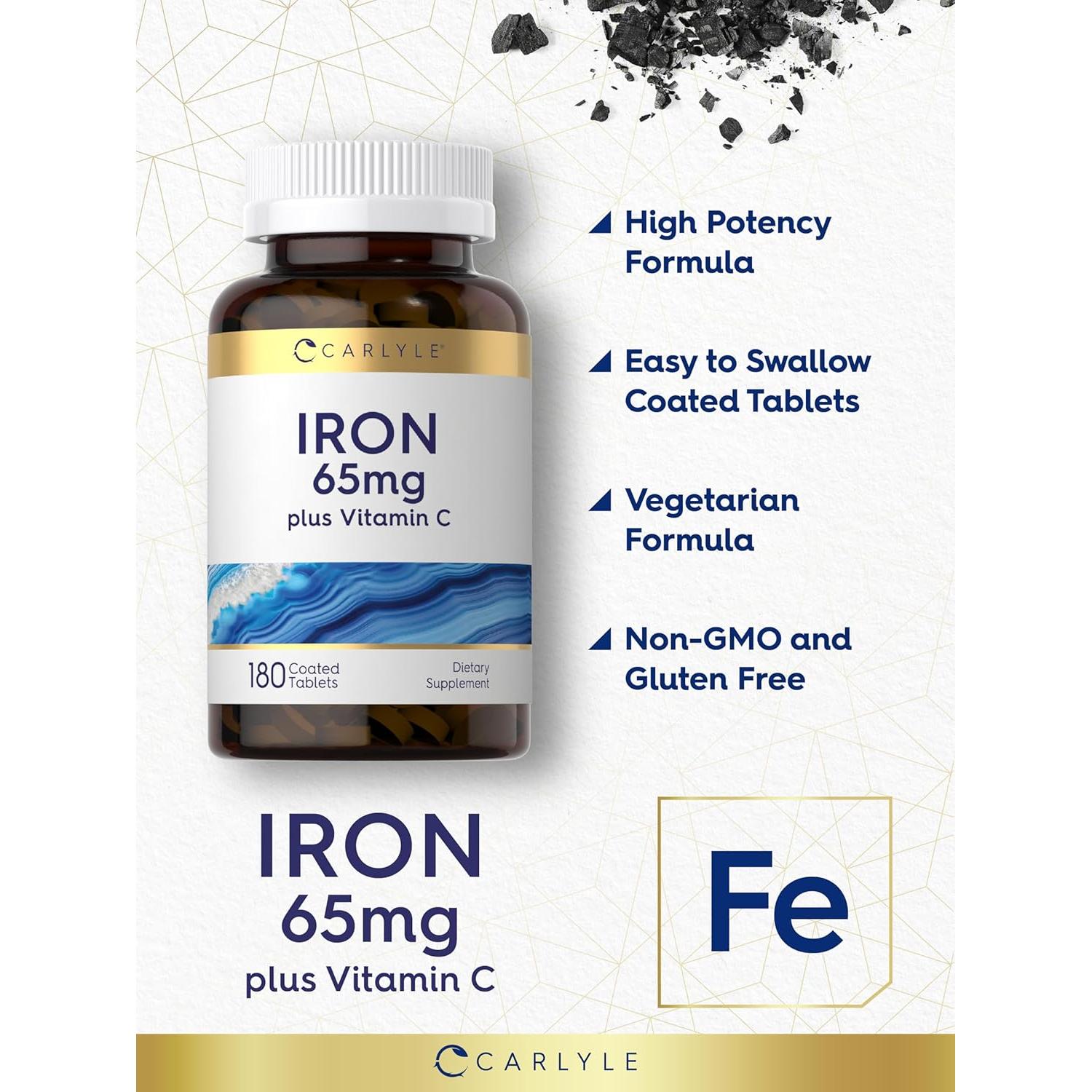 Suplemento de Hierro Carlyle 65 mg + 300 mg Vitamina C - 180 Tabletas