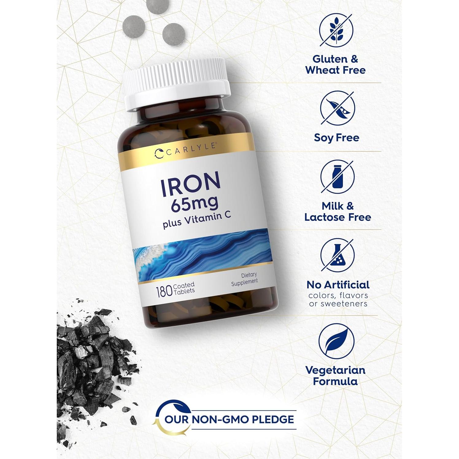 Suplemento de Hierro Carlyle 65 mg + 300 mg Vitamina C - 180 Tabletas