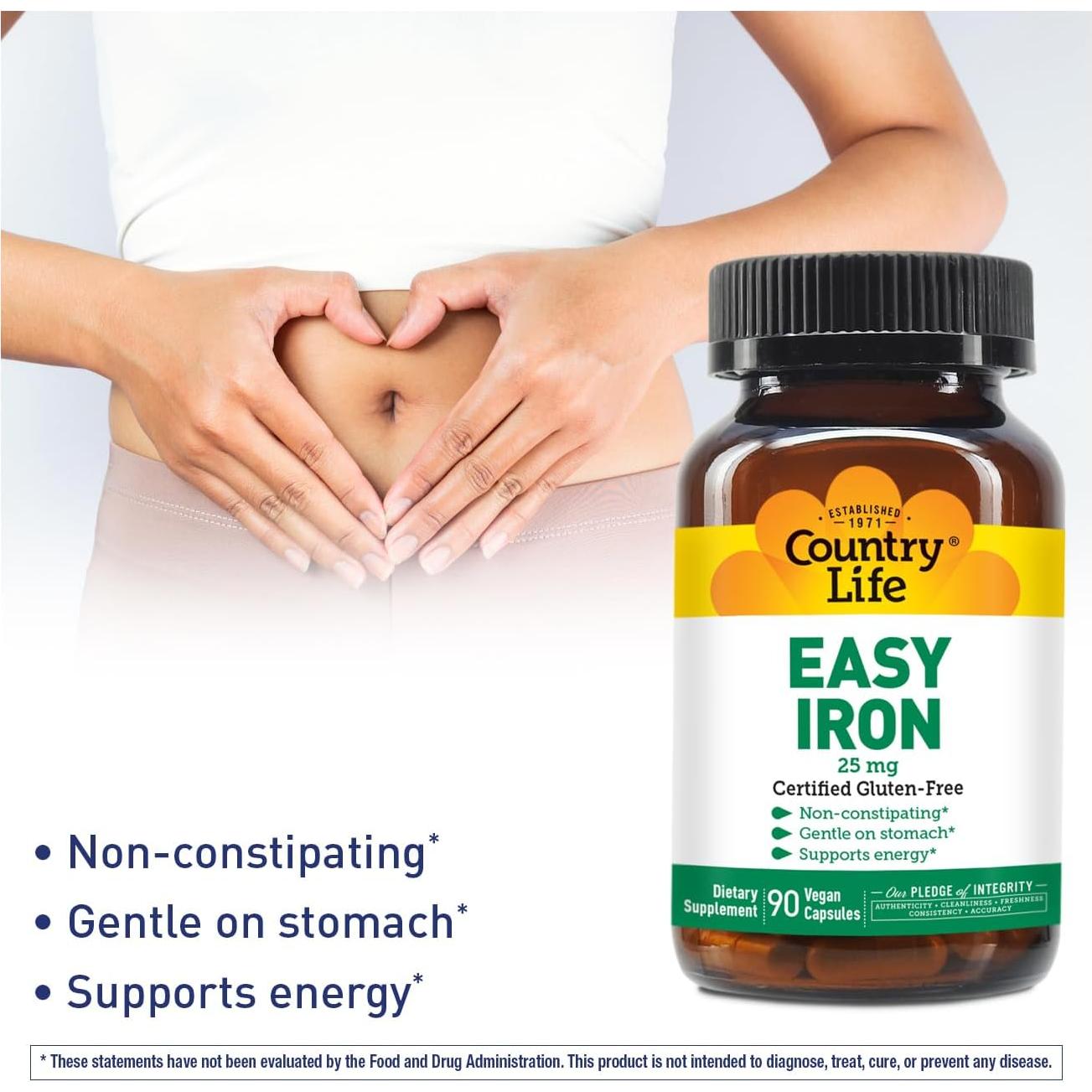 Cápsulas de Hierro Fácil 25mg Country Life - Suave y Vegano