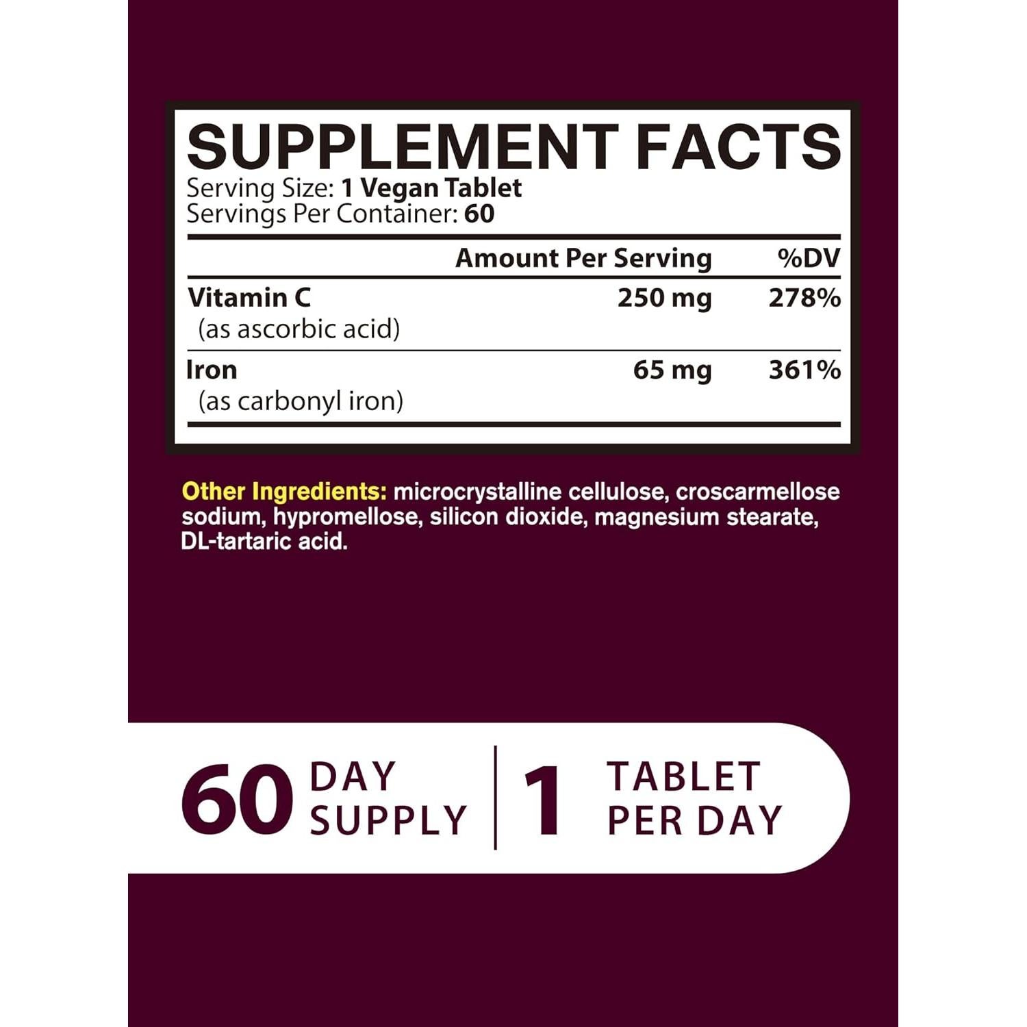 Suplemento de Hierro Vitacook 65mg con Vitamina C 250mg 60 Tabletas