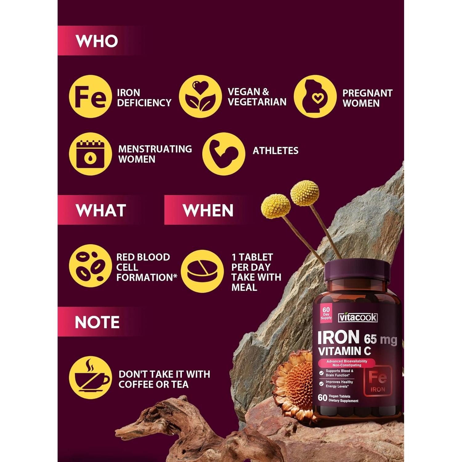 Suplemento de Hierro Vitacook 65mg con Vitamina C 250mg 60 Tabletas