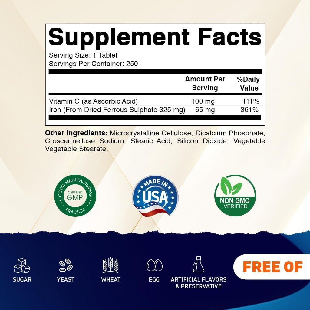 Suplemento de Hierro Vitamatic 325 mg + Vitamina C 100 mg - 250 Tabletas