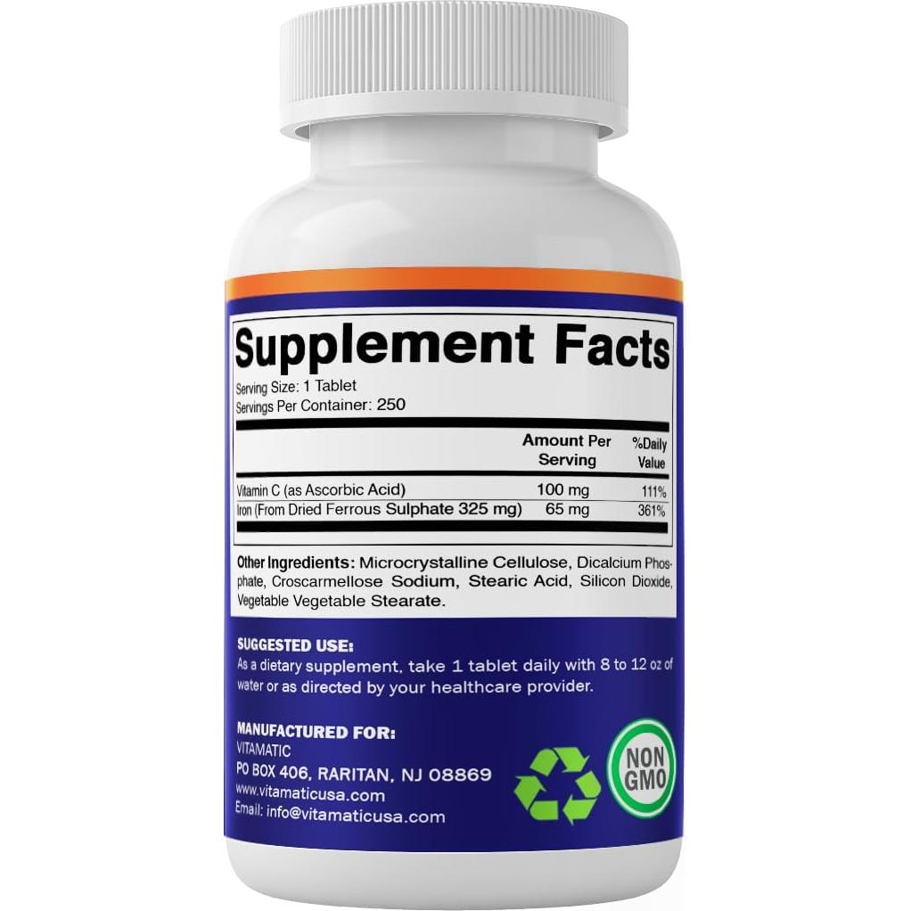 Suplemento de Hierro Vitamatic 325 mg + Vitamina C 100 mg - 250 Tabletas