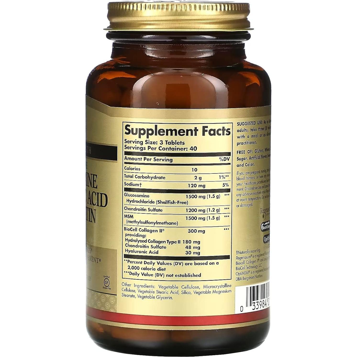 Solgar Glucosamina Condroitina MSM Ácido Hialurónico 120 Tabletas