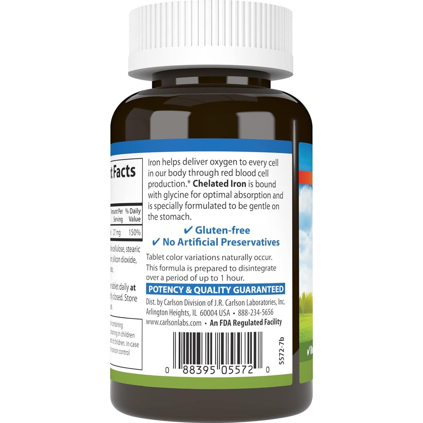 Suplemento de Hierro Quelado Carlson Labs 27mg - 250 Tabletas