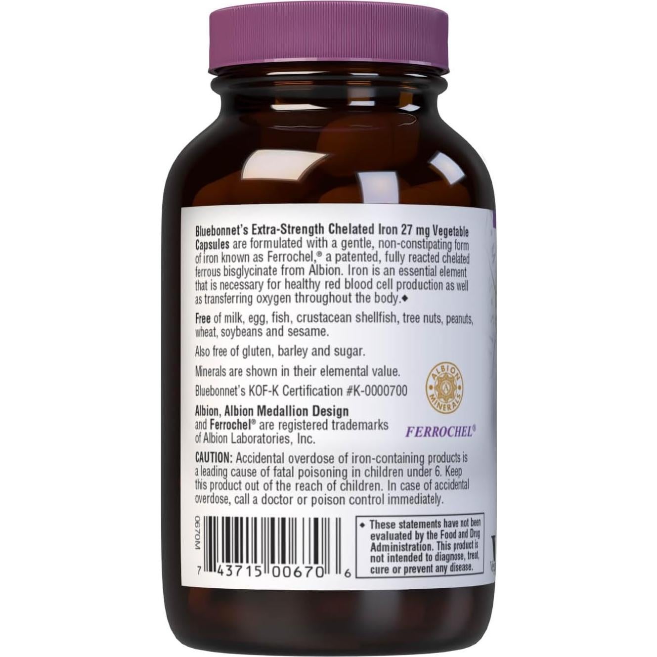 Suplemento de Hierro Quelado Bluebonnet 27 mg Vegano 90 Cápsulas