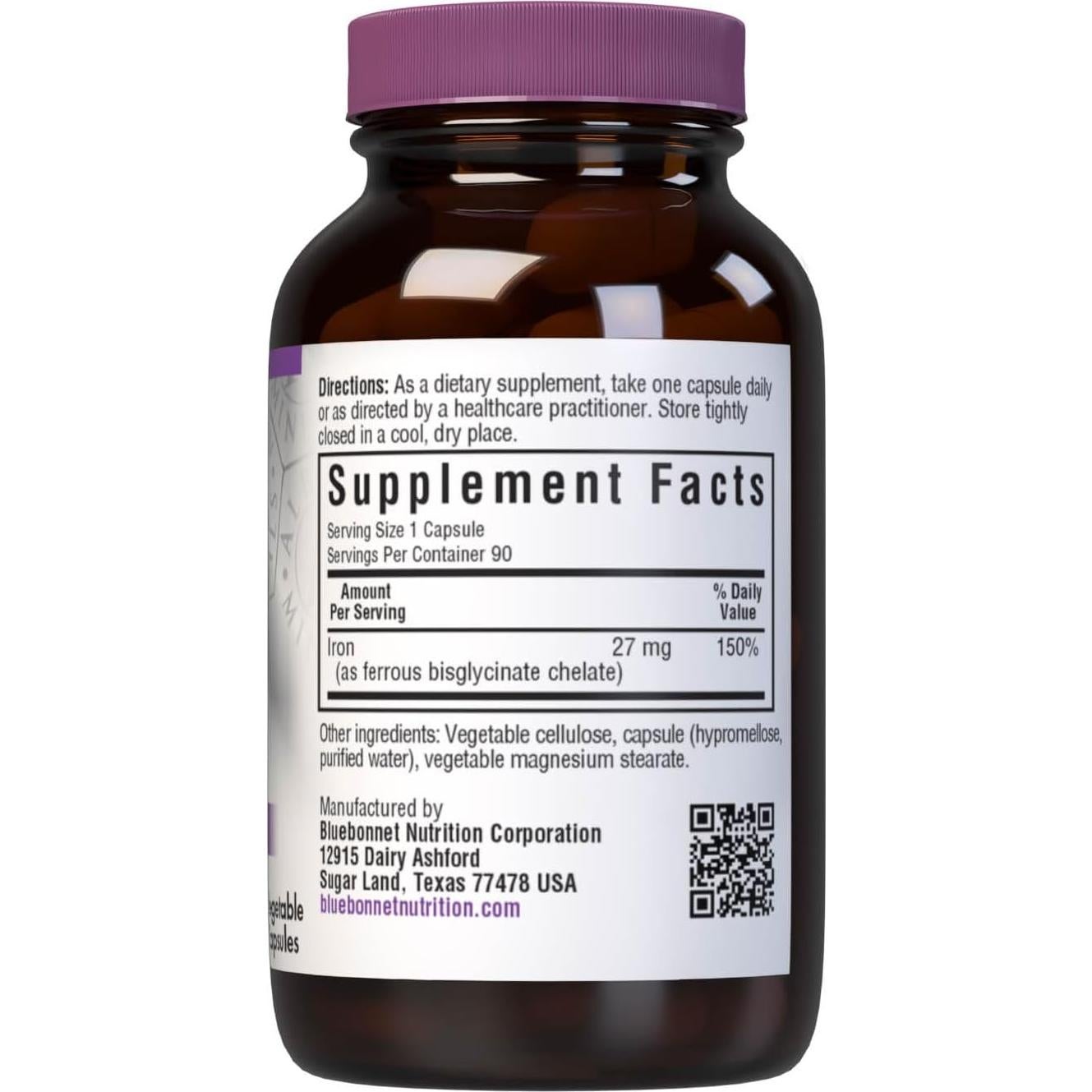 Suplemento de Hierro Quelado Bluebonnet 27 mg Vegano 90 Cápsulas