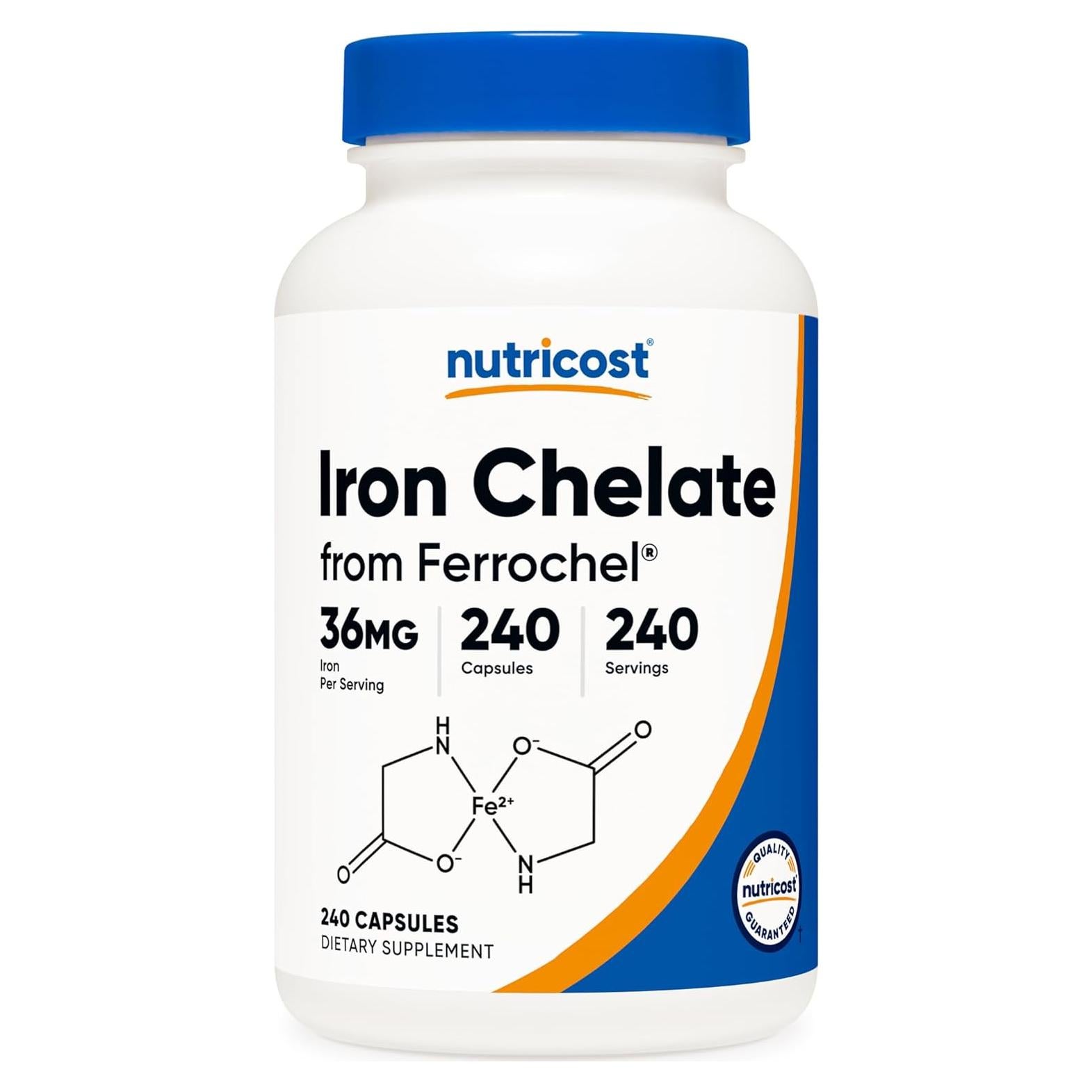 Suplemento de Hierro Quelado Nutricost Ferrochel 36mg 240 Cápsulas