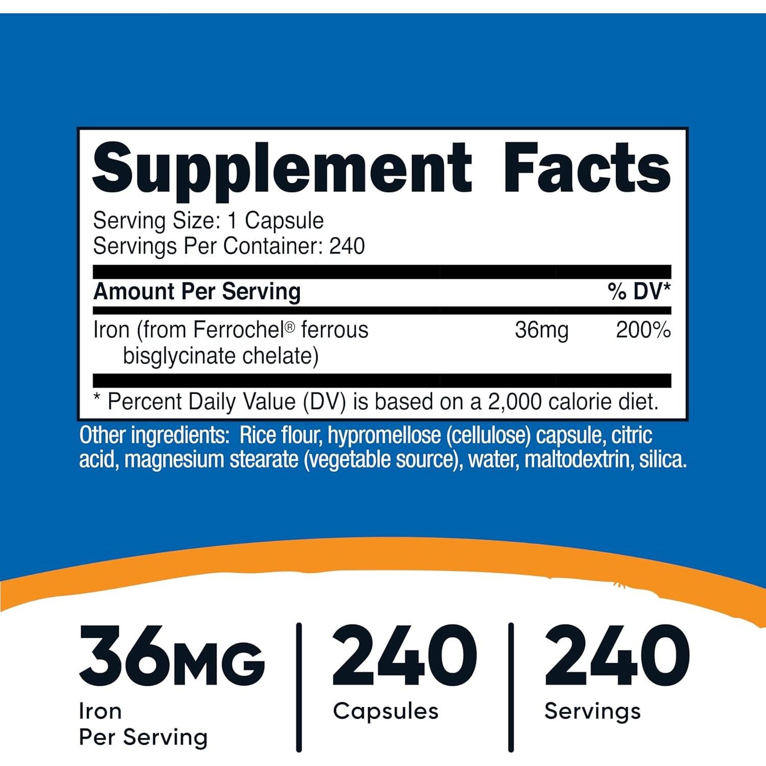 Suplemento de Hierro Quelado Nutricost Ferrochel 36mg 240 Cápsulas
