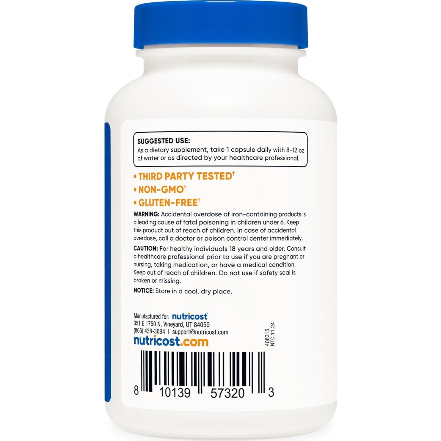 Suplemento de Hierro Quelado Nutricost Ferrochel 36mg 240 Cápsulas