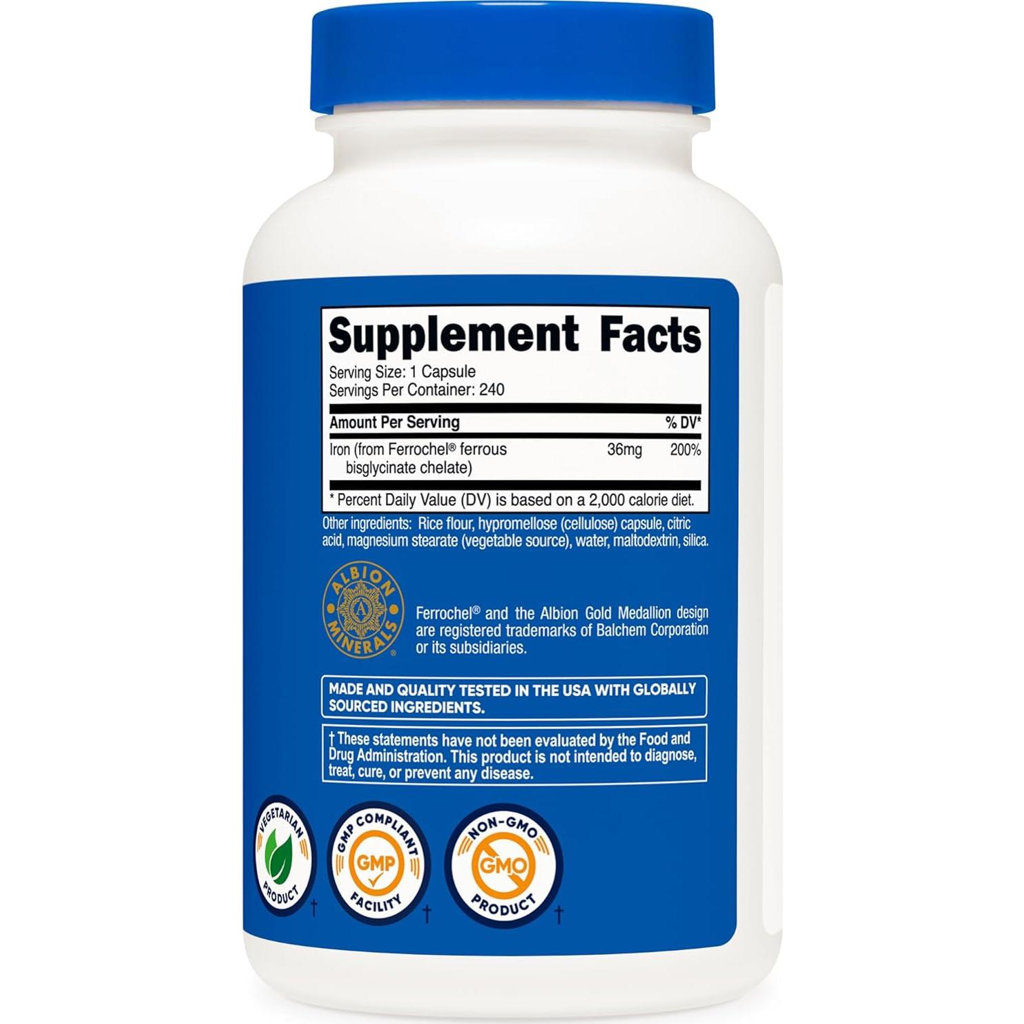 Suplemento de Hierro Quelado Nutricost Ferrochel 36mg 240 Cápsulas