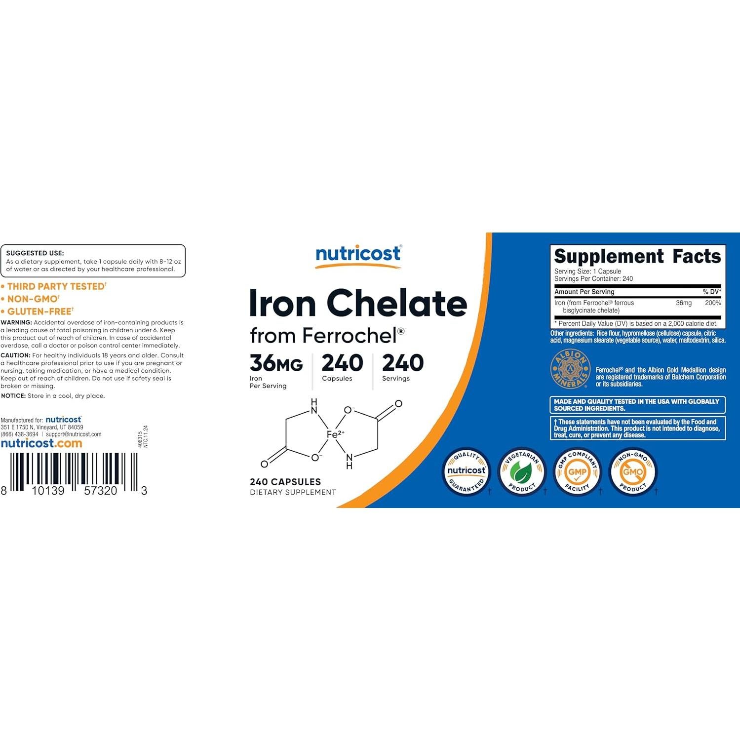 Suplemento de Hierro Quelado Nutricost Ferrochel 36mg 240 Cápsulas