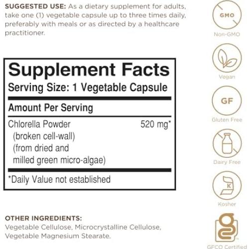 Chlorella Solgar 100 Cápsulas Vegetales - Vegano, Sin Gluten