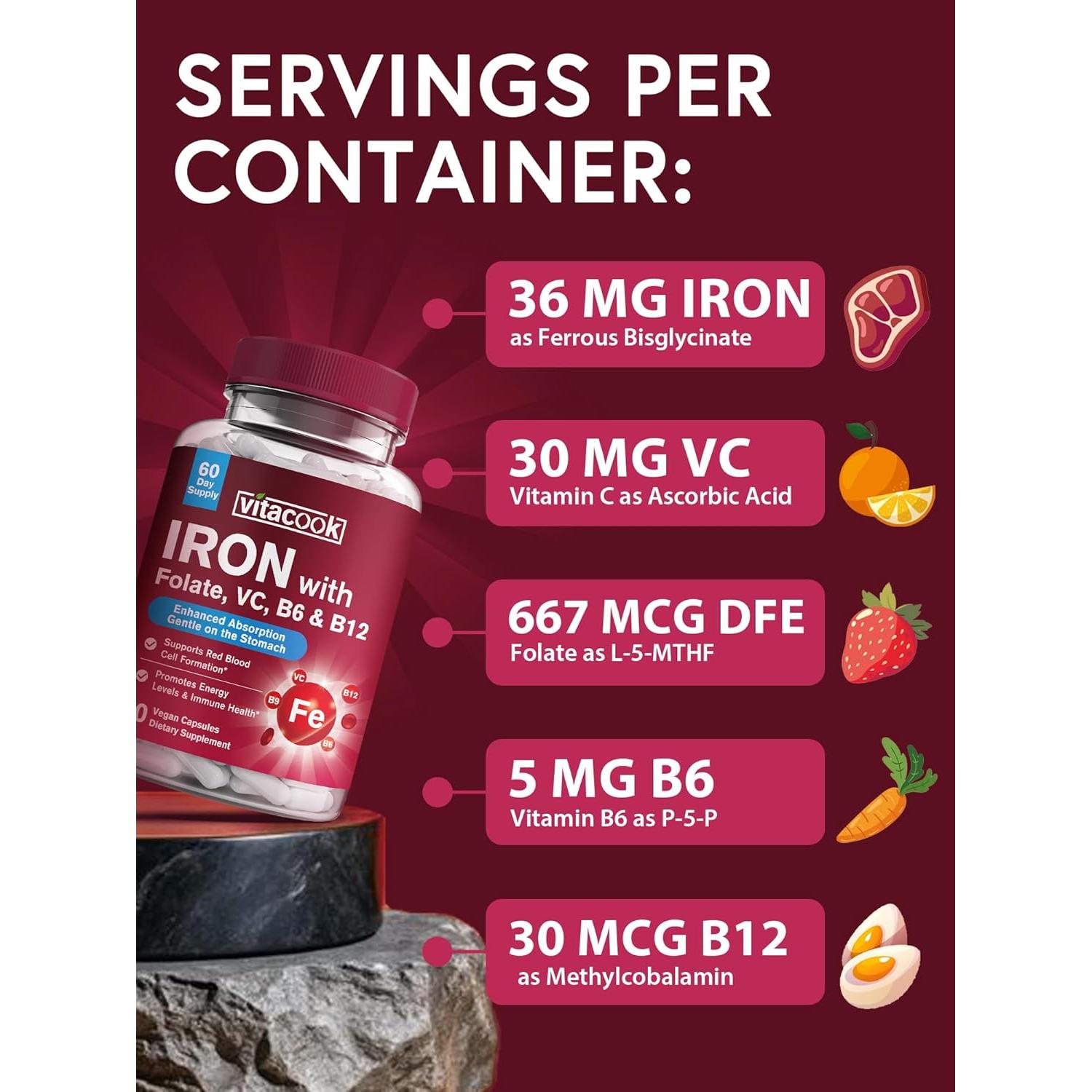 Suplemento de Hierro Vitacook 60 Cápsulas Veganas con Vitamina C