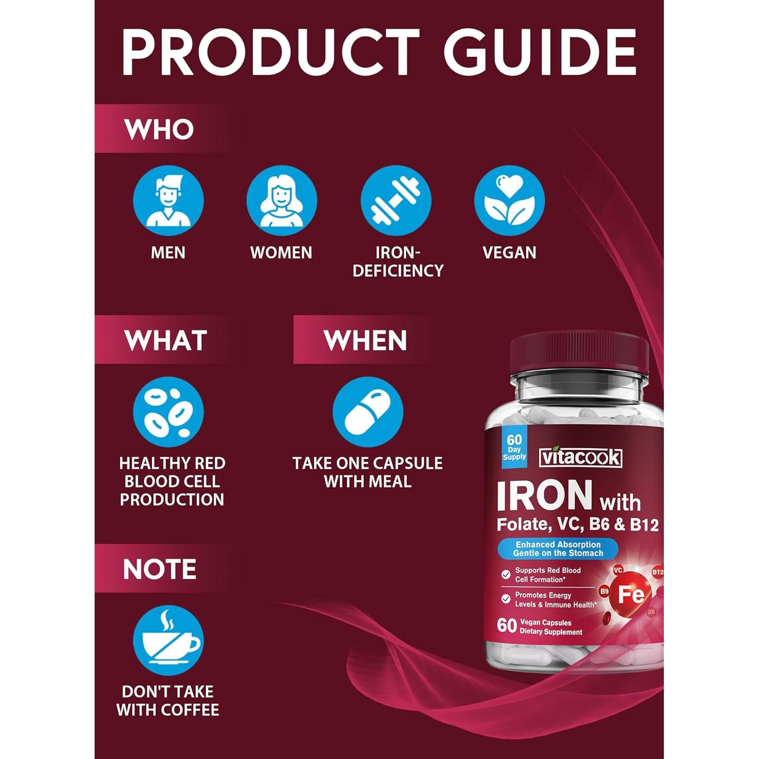 Suplemento de Hierro Vitacook 60 Cápsulas Veganas con Vitamina C