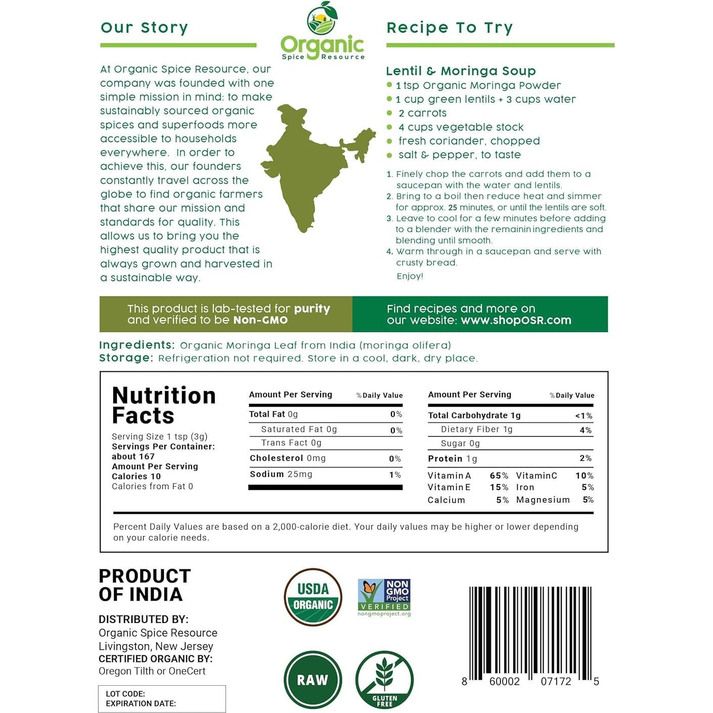 Polvo de Moringa Orgánico SHOPOSR 500g - Sin Aditivos, USDA