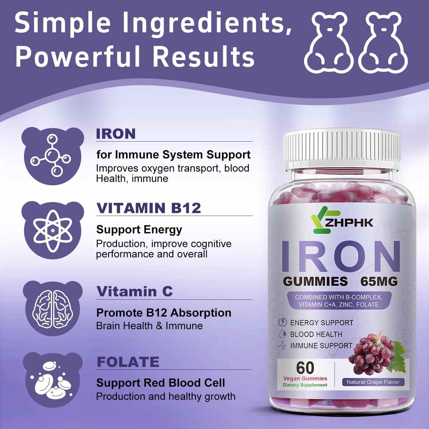 Gominolas de Hierro Veganas ZHPHK 65mg con Vitamina C 250mg