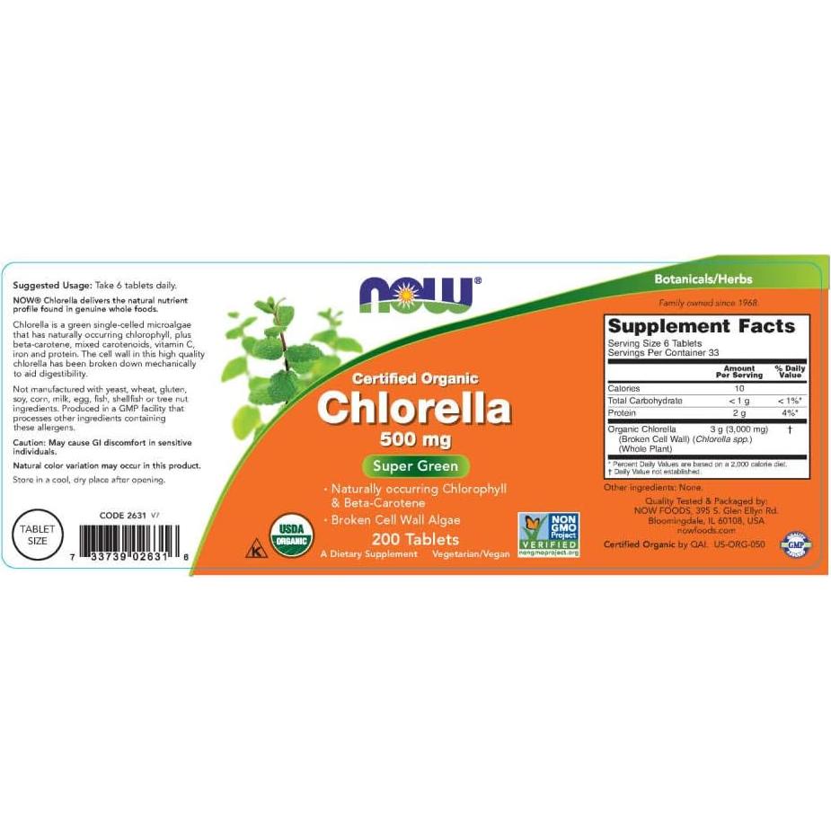 Chlorella 500 mg Now Foods 200 Tabletas Superalimento Verde