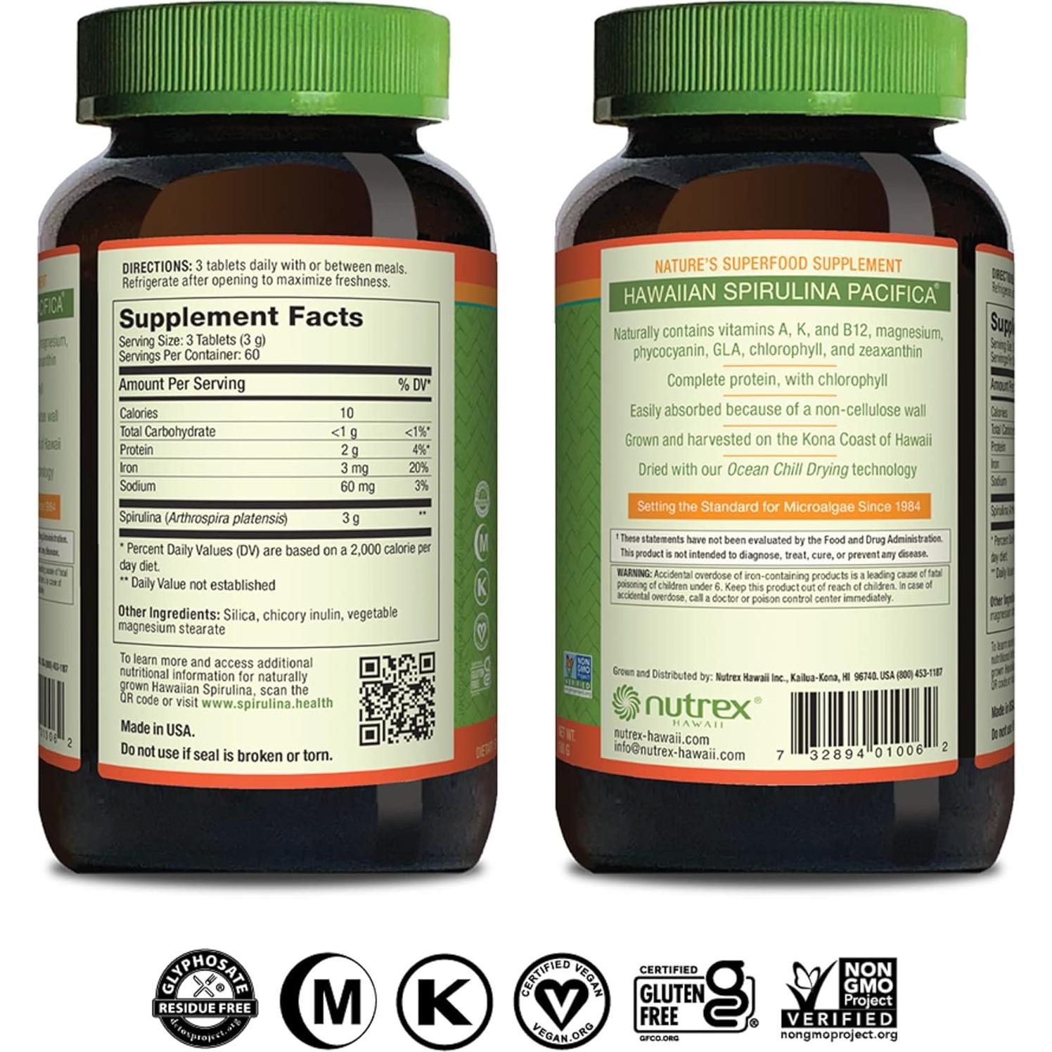 Espirulina Pura Nutrex Hawaii 1000 mg 180 Tabletas Veganas
