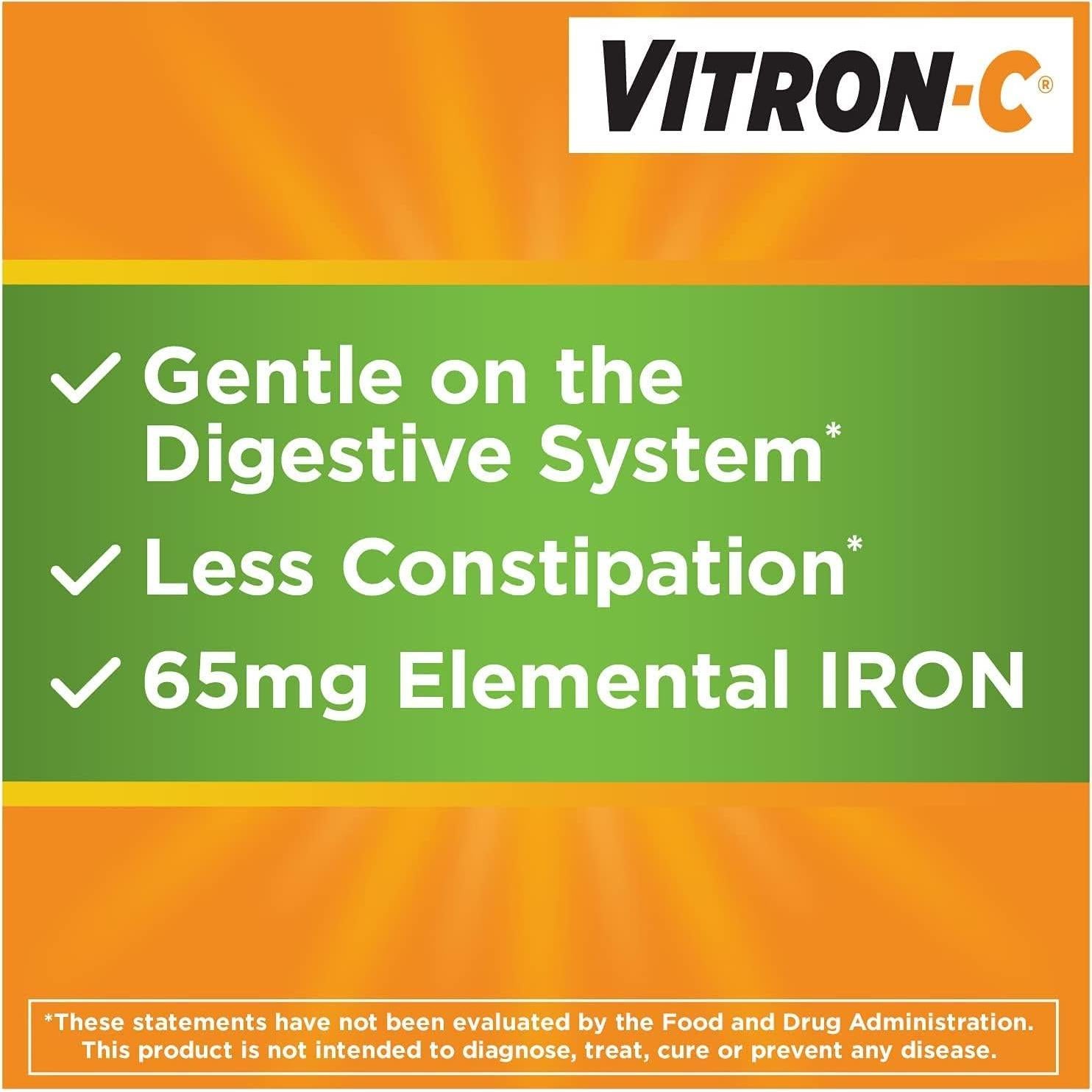 Vitron-C Suplemento de Hierro 65mg + Vitamina C 125mg - 180 Tabletas