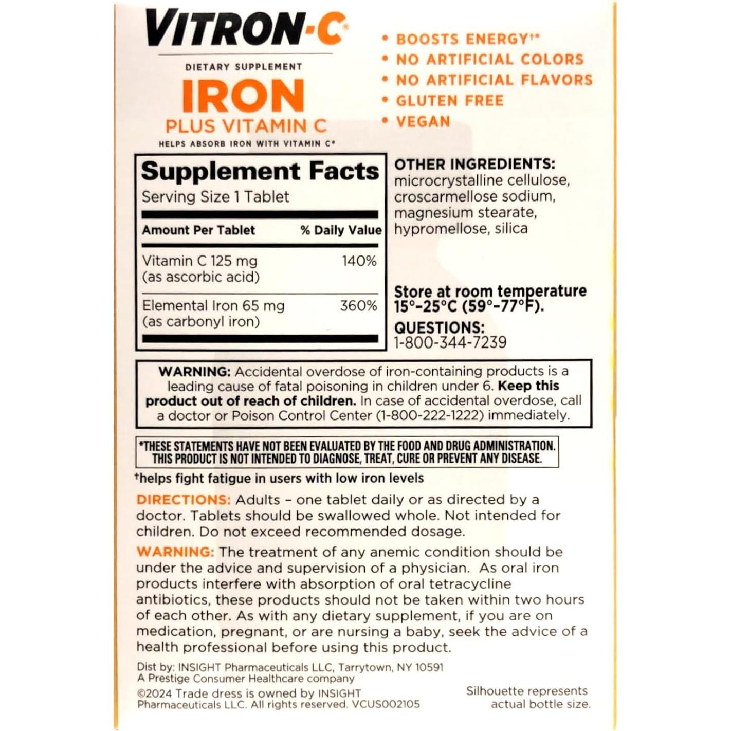 Suplemento de Hierro Vitron-C 180 Tabletas Veganas con Vitamina C