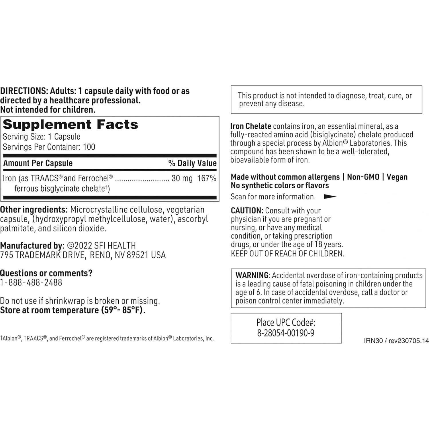 Suplemento de Hierro Bisglicinato Klaire Labs 30mg - 100 Cápsulas
