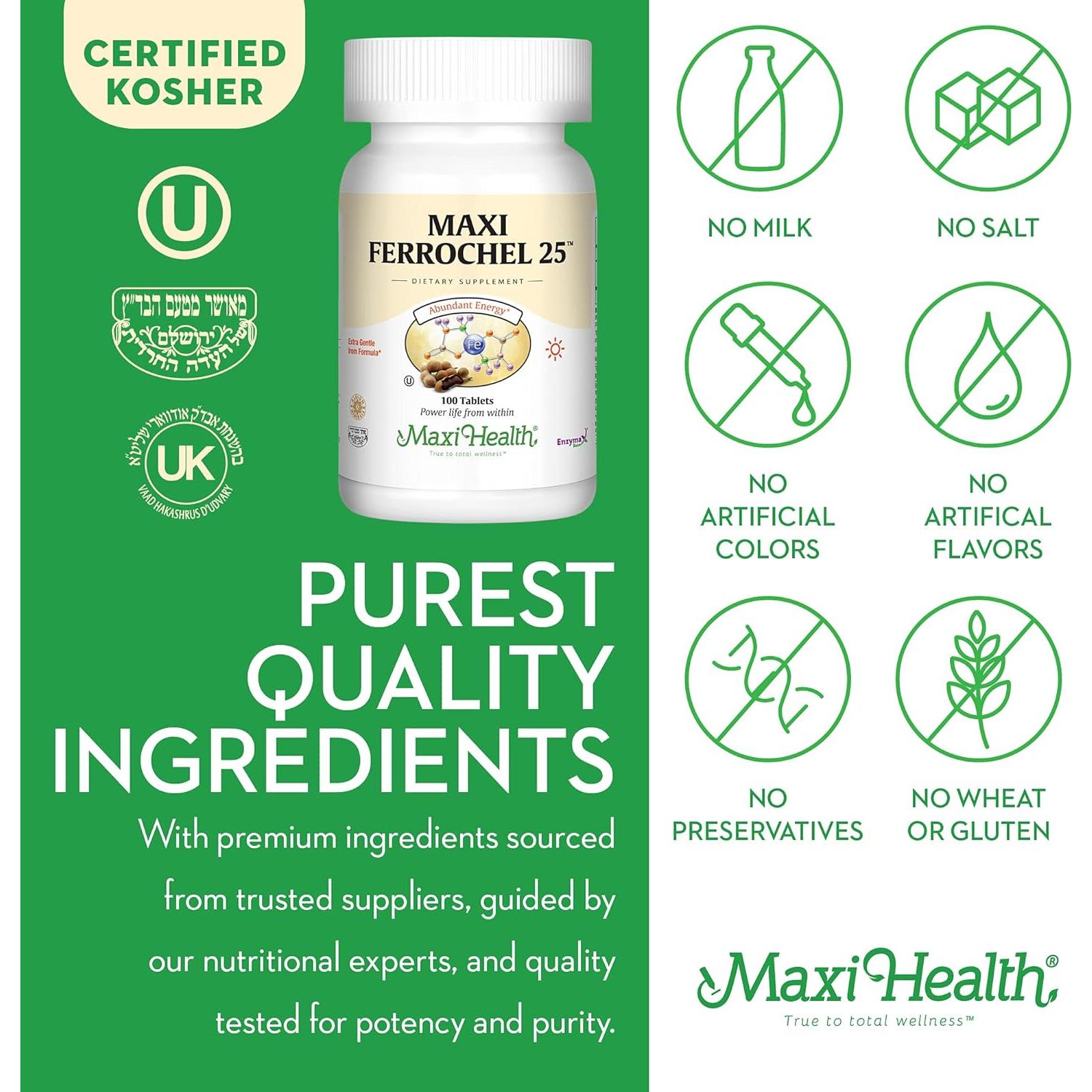 Suplemento de Hierro Maxi Health Ferrochel 25 mg - 100 Tabletas